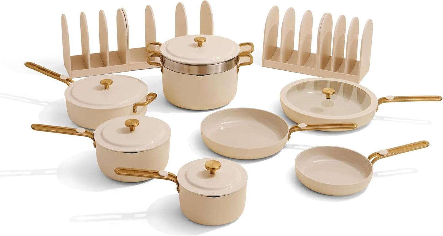 Our Place 17-Piece Complete Cookware Set - Nonstick Ceramic Fry Pans, Saucepans & Stock Pot | Oven Safe to 450°F | Cream