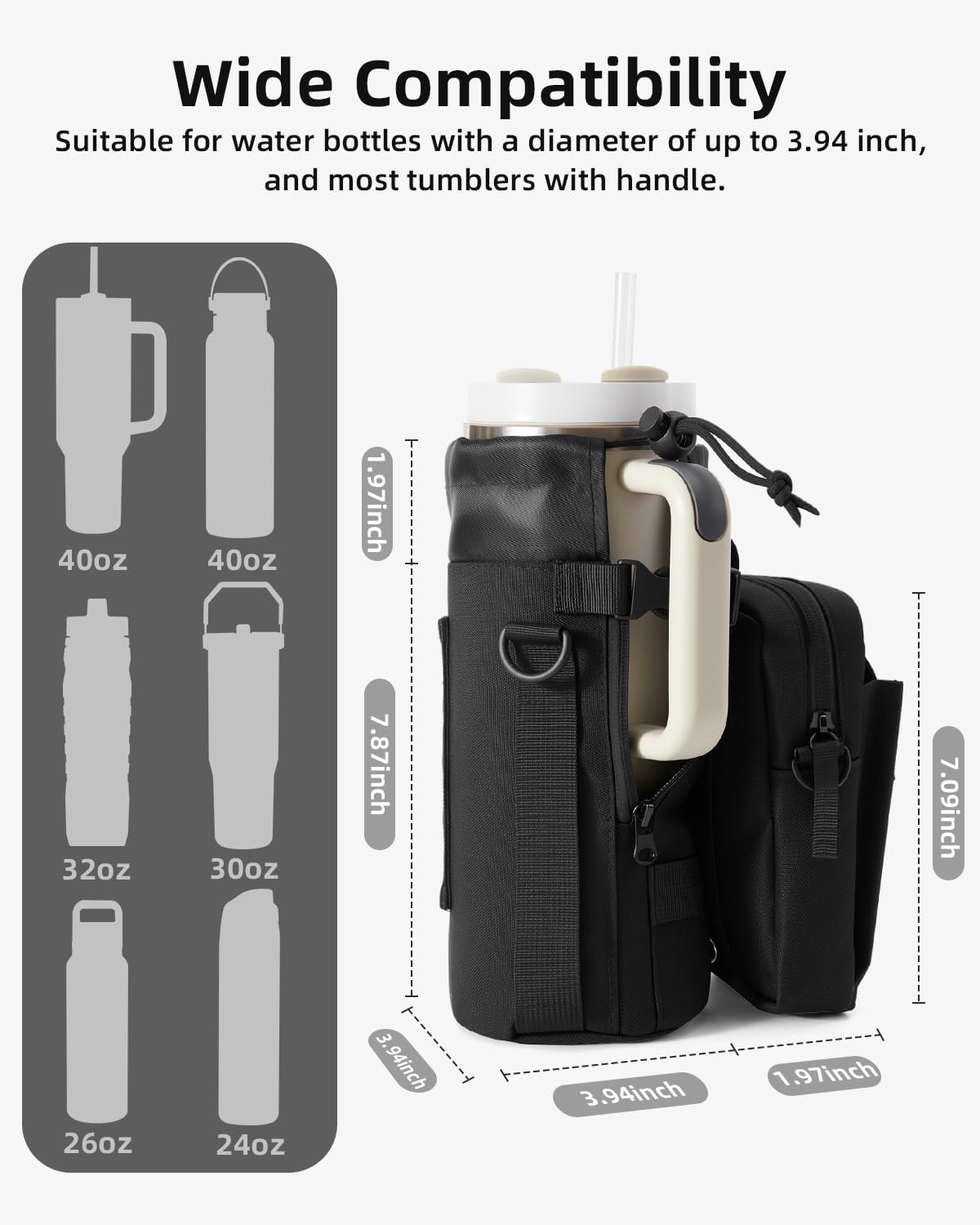 Nefeeko Magnetic Water Bottle Holder with Detachable 2-in-1 Phone Bag, 10 Strong Magnets Gym Pouch for Metal Surfaces, Fits 20-40 Oz Tumblers with Handles, Heavy-Duty 600D Oxford Sling Carrier