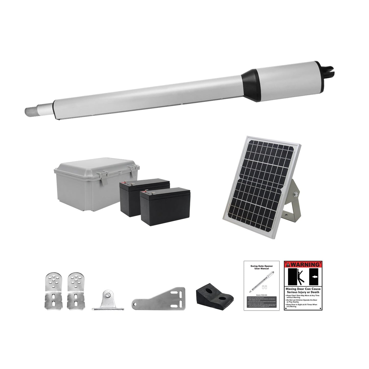X X-HOUSE C05 Automatic Gate Opener with Solar Panel & Batteries for Medium Duty Single Swing Gates Up to 770lb Arm, 24V Motor Solar Powered Electric Gate Opener with 2 Remotes Complete Kit