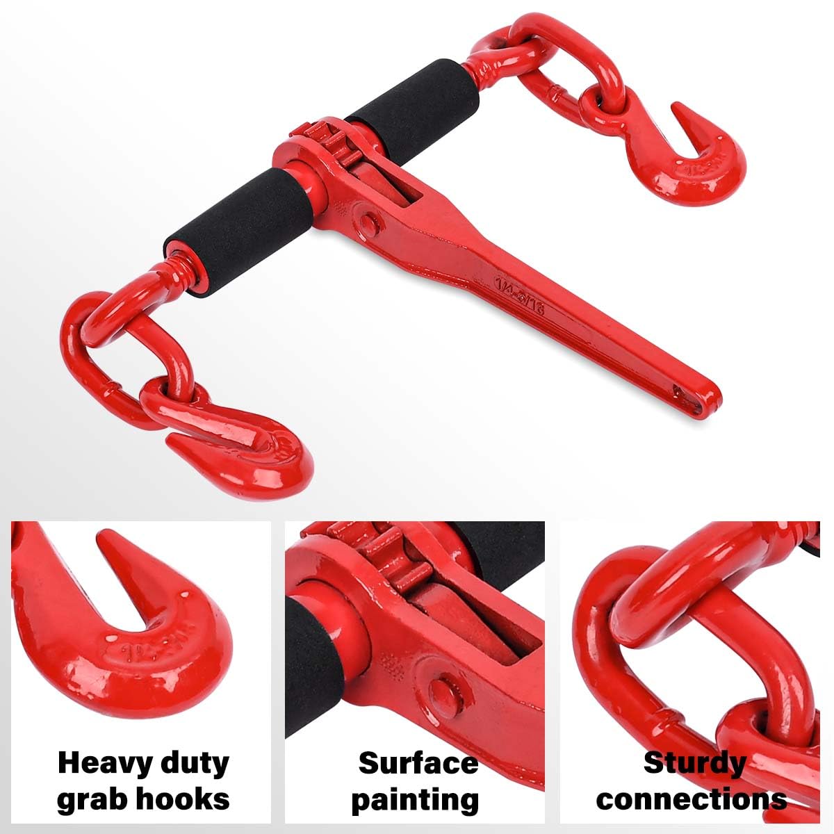 Lenchanse Chain and Binders Kit 1/4in - 5/16in 4 Set, Grade 80 1/4'' - 5/16'' Ratchet Load Binders Equipped with G80 Chains 1/4" × 10 feet and G80 Chain Hooks, 2,200lbs Working Load Tie Down Kit