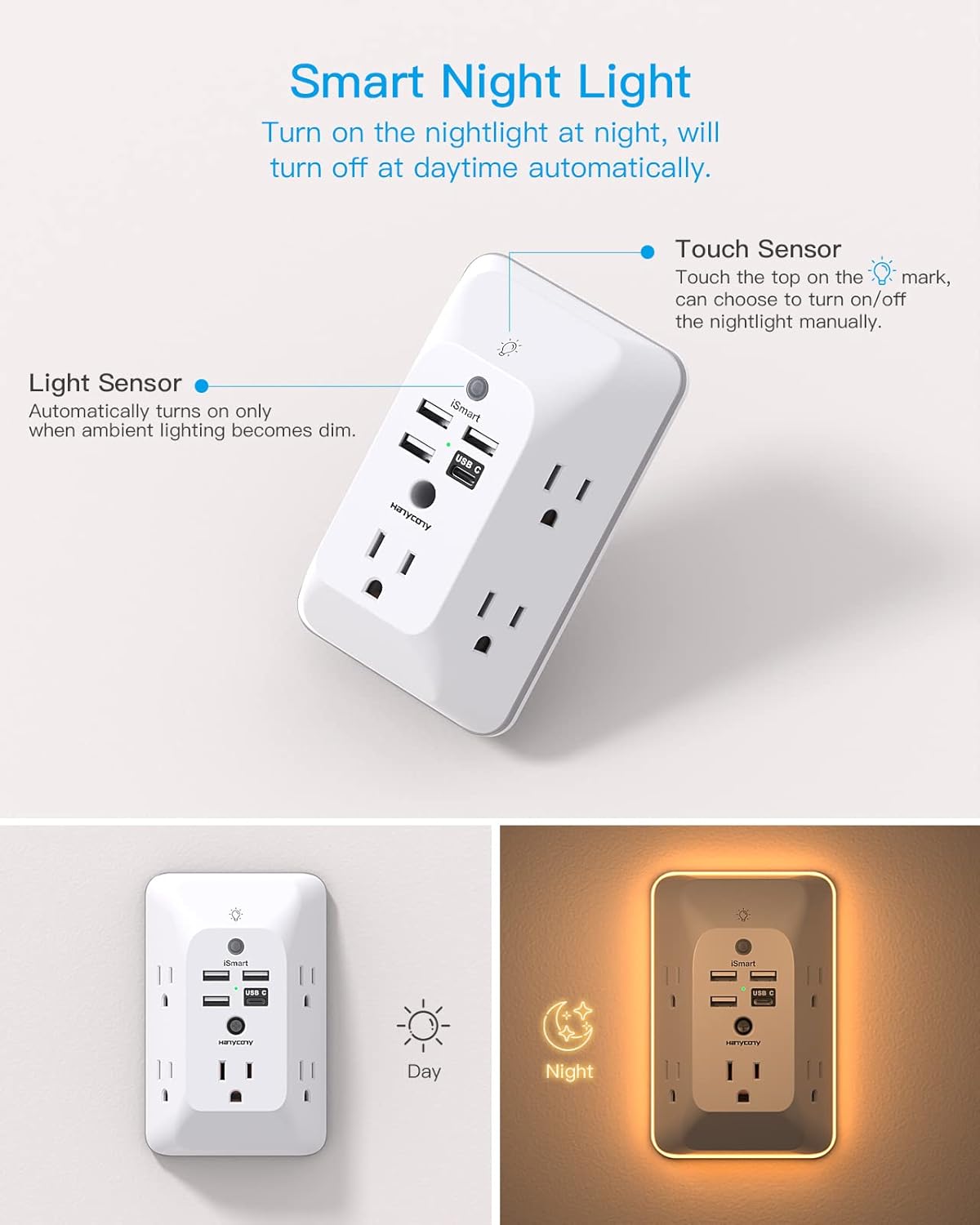 HANYCONY 4 Ports(1 Outlet Extender with Night Light, Multi Plug Outlet, USB Wall Charger Surge Protector USB USB C)