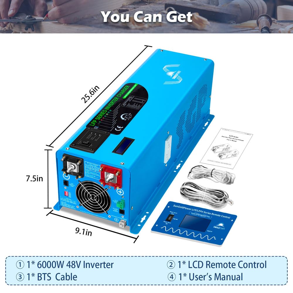 SUNGOLDPOWER UL1741 6000W 48Vdc Pure Sine Wave Inverter Low Frequency 240Vac Input 120Vac/240Vac Output Split Phase with Battery Charger Off-Grid 18000W Peak