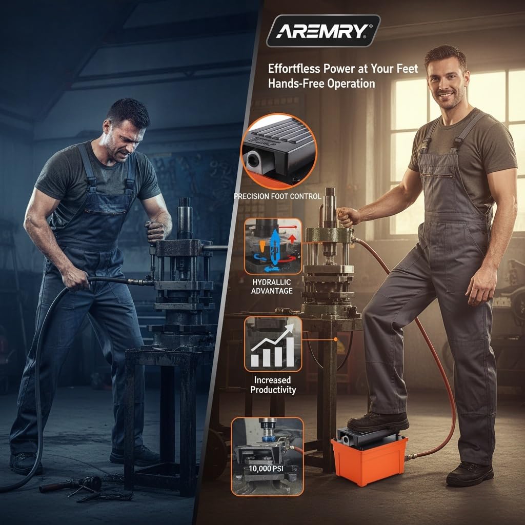 Aremnry 10,000 PSI Foot Operated Air/Hydraulic Pump, 98 in³ Oil Tank/1.6 L Heavy Duty Pneumatic Hydraulic Foot Pump with 1/4 NPT Air Inlet & 3/8 NPT Oil Outlet, for Presses, & Hydraulic Pullers