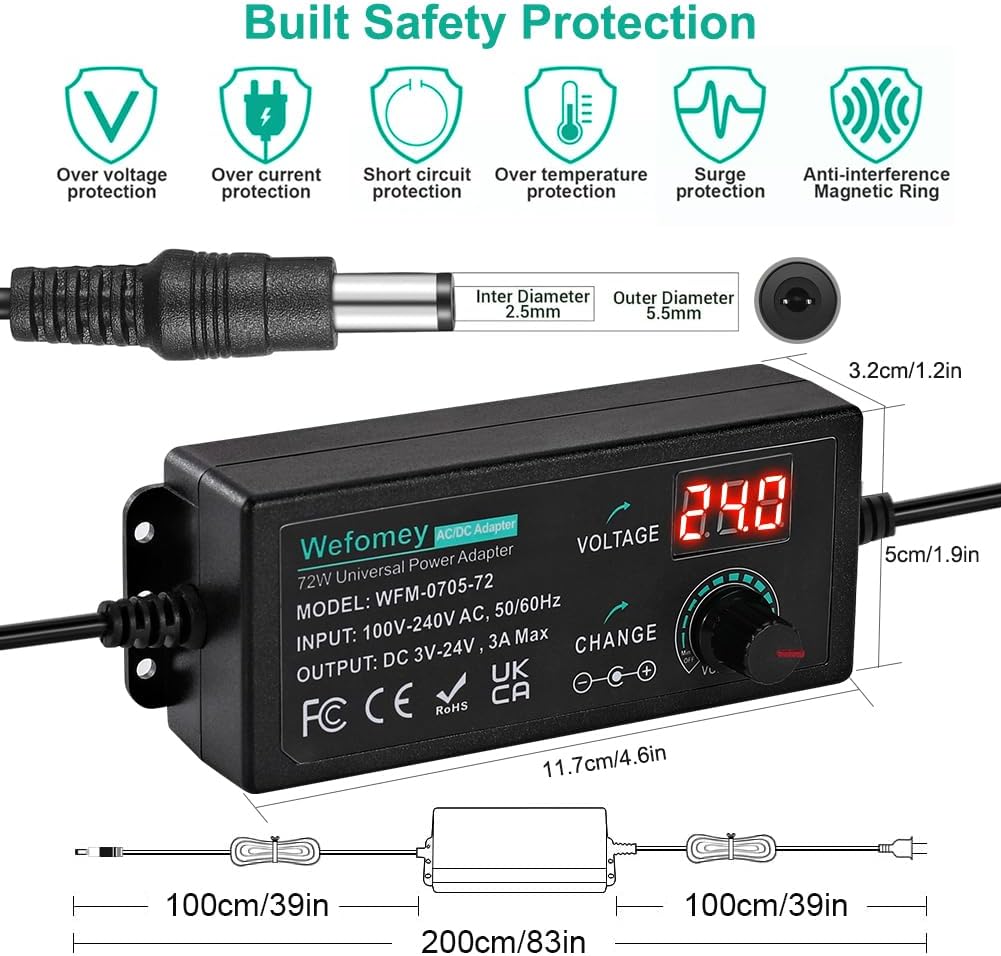 Wefomey 3V~24V 3A 72W 3V 5V 9V 12V 18V 20V 24V 100V-240V 14 4-Way Universal Power Supply Adjustable Variable AC/DC
