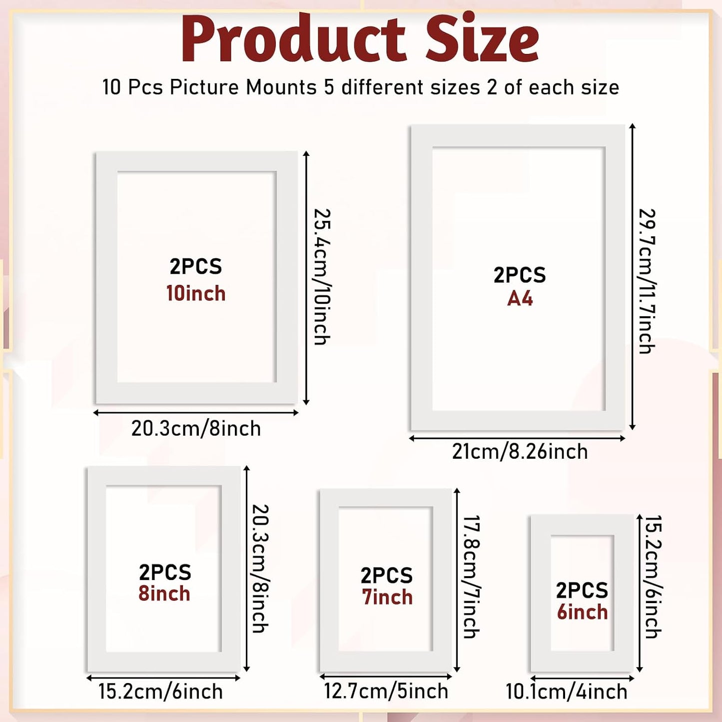 Xelsluthe 10 Pack 6,7,8,10, 11.6 Inch Picture Mats for Frames, Picture Frame Mats Core Bevel Cut Mat Board Show Kit
