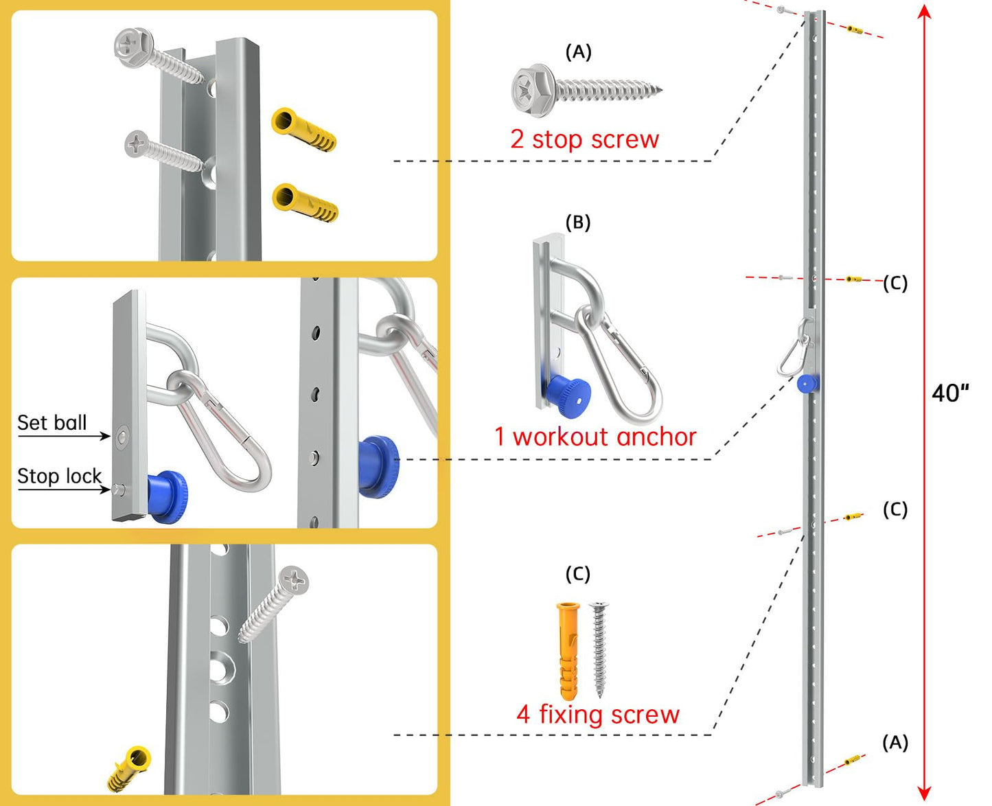 Wall Mount Anchor for Resistance Bands – Adjustable 40" Track with 35 Locking Positions, Heavy Duty Home Gym System – 400+ lbs Capacity, Hardware Included（1 Track）