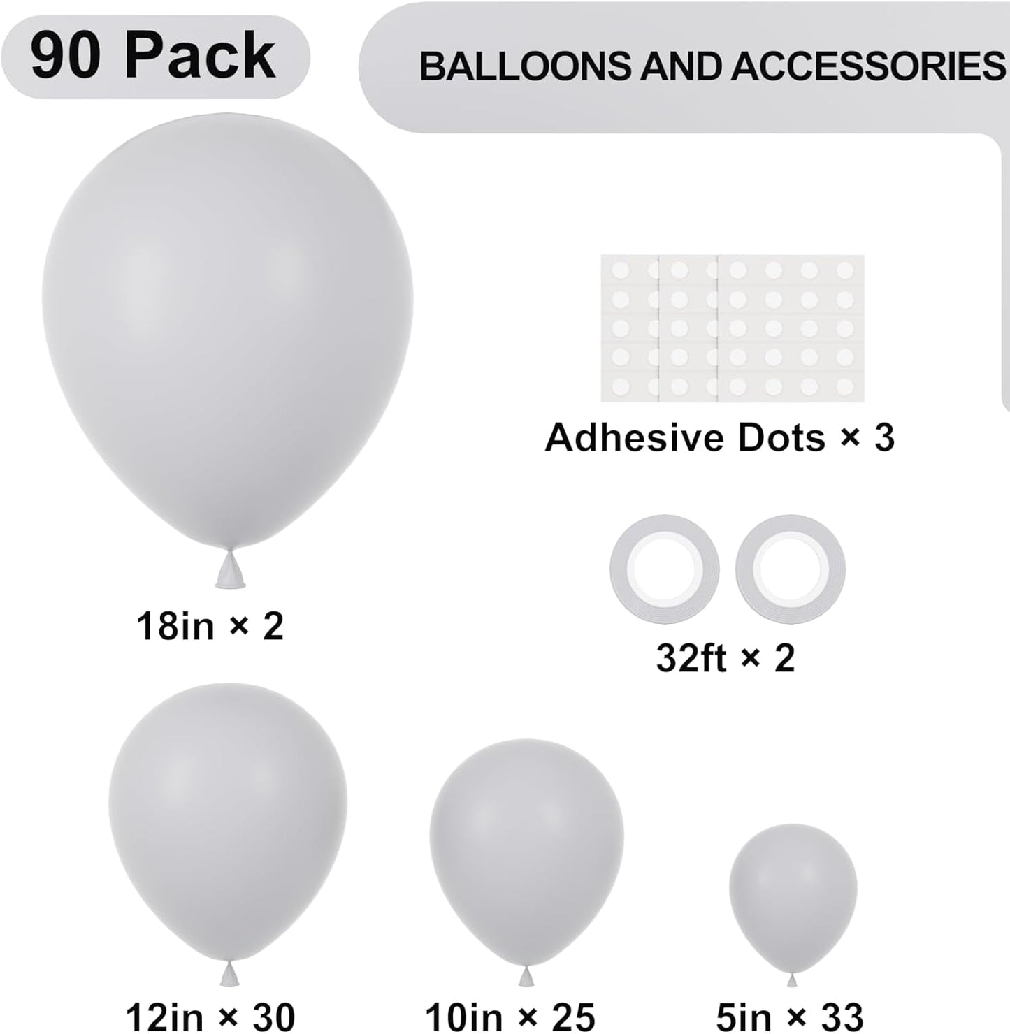 Voircoloria Gray Balloon Garland Kit - 90 Pack in 18/12/10/5 Inch Sizes | Perfect for Graduation, Weddings, and Baby Showers