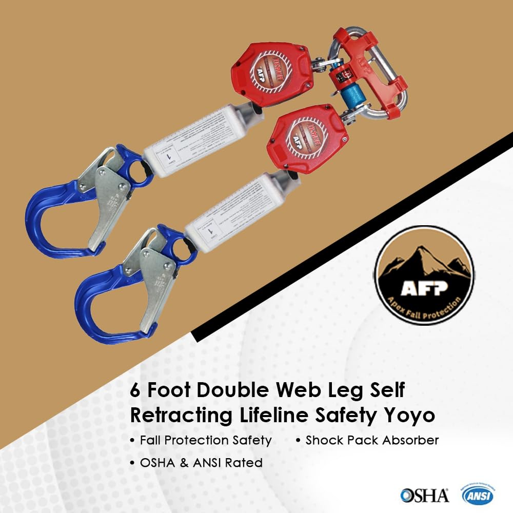 AFP Demon 6 Foot Double Web Leg Self Retracting Lifeline Safety Yoyo, Shock Pack Absorber, Aluminum Rebar Pelican Hook & Aluminum Carabiner Fall Protection Arrest Limiter SRL | OSHA & ANSI Rated