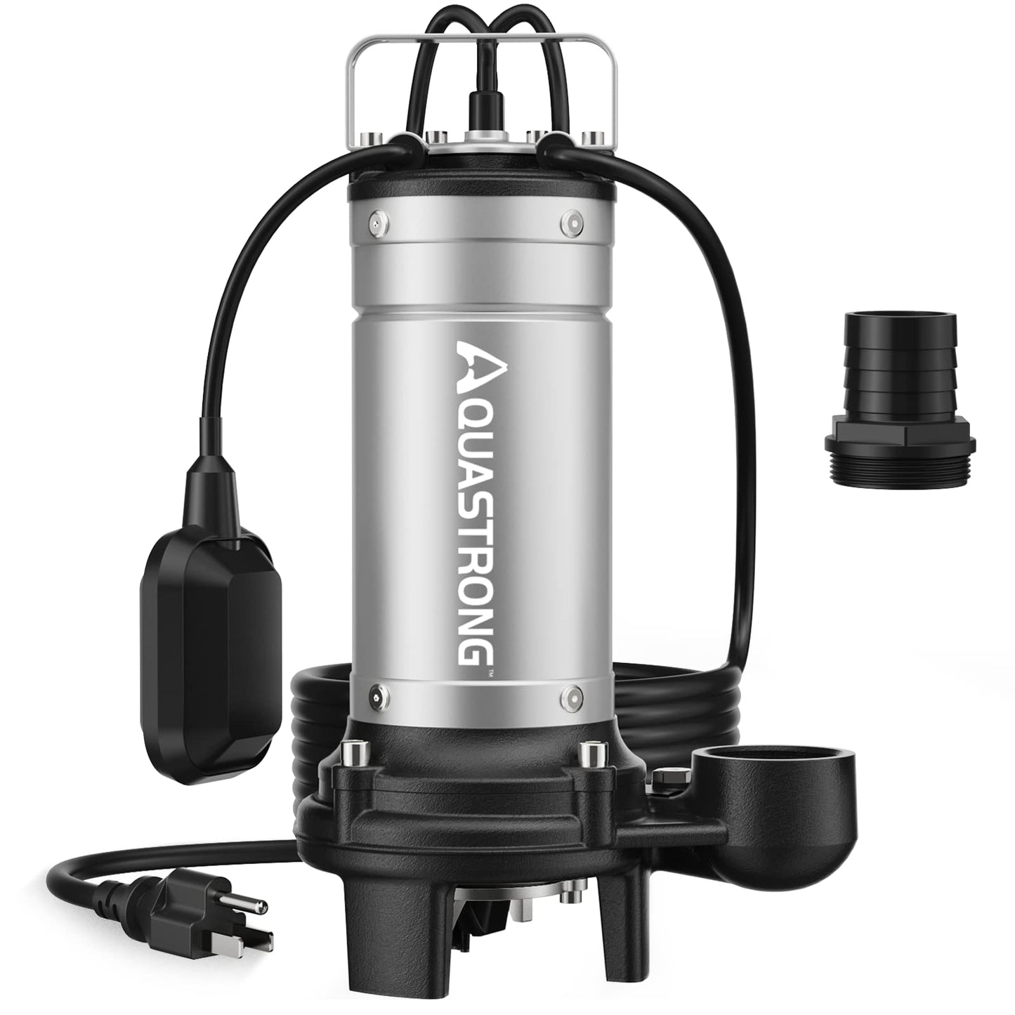 Aquastrong 1HP Sewage Grinder Pump, Stainless Steel, 115V Automatic Float Switch, Cast Iron Impeller, Submersible Effluent/Sewage Pump for Sump Basin, Basement 2'' NPT Discharge, Gray