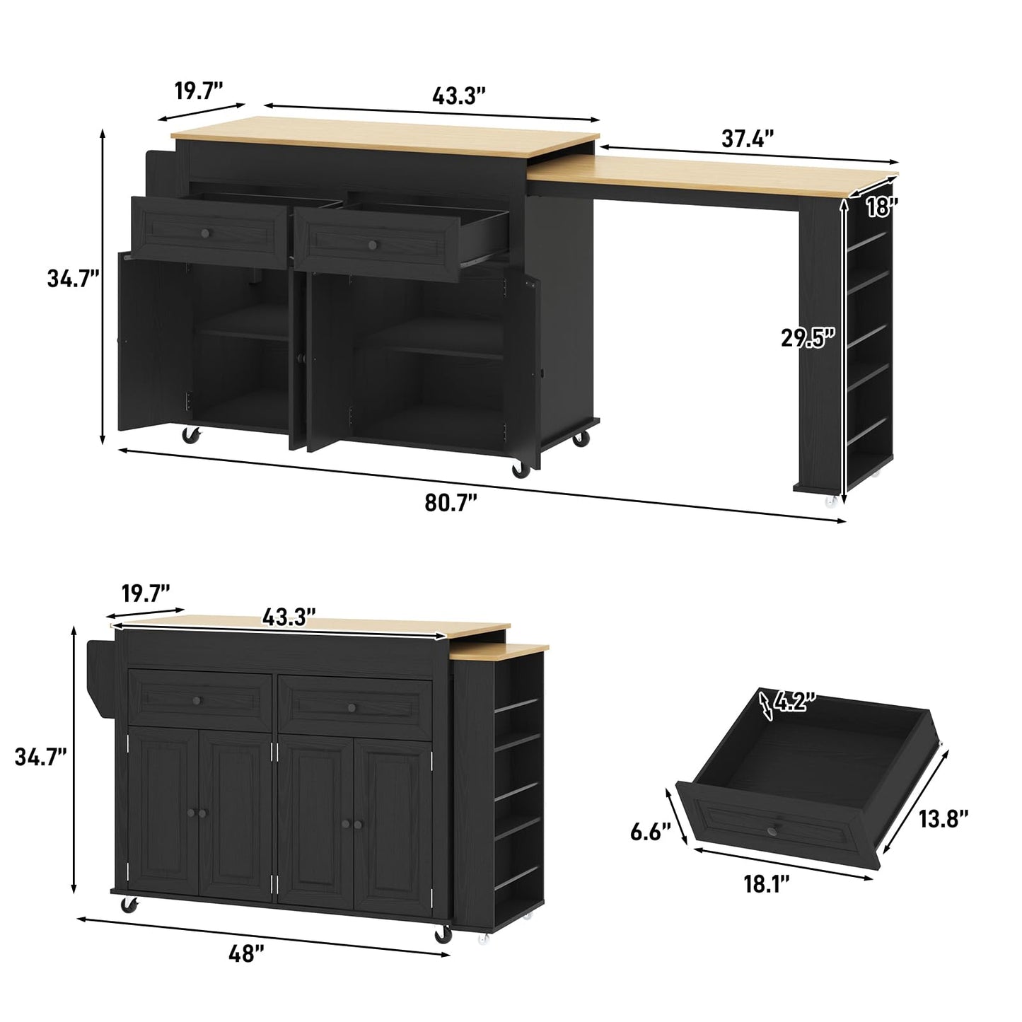 80"-48" Extendable Kitchen Island with Extended Dining Table and Power Outlet,Large Mobile Kitchen Storage Islands with 2 Storage Drawers,Rolling Islands Cart with 3 Extra Rows Open Shelves(Black)