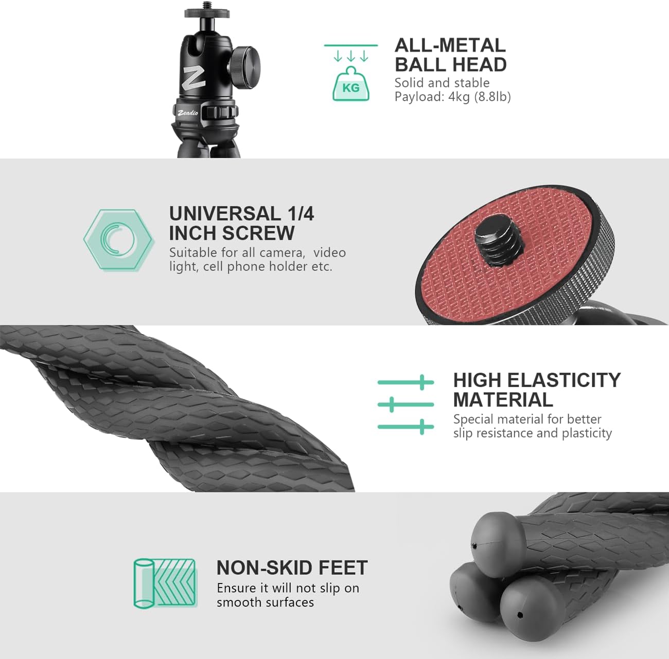 Zeadio Flexible Tripod Kit with Metal Ball Head for Cameras and Smartphones