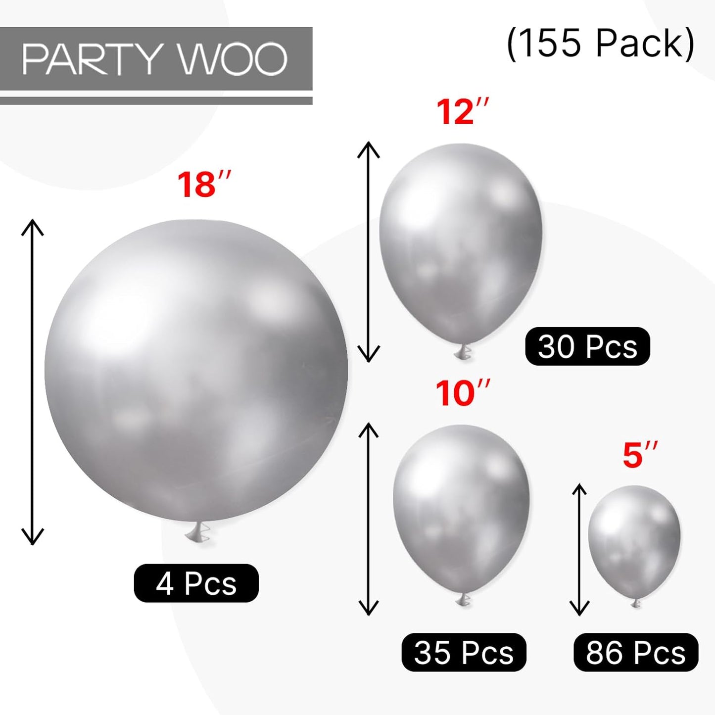 PartyWoo Silver Balloon Arch Kit - 155 Pcs in Various Sizes for Birthday, Graduation, Wedding Decor