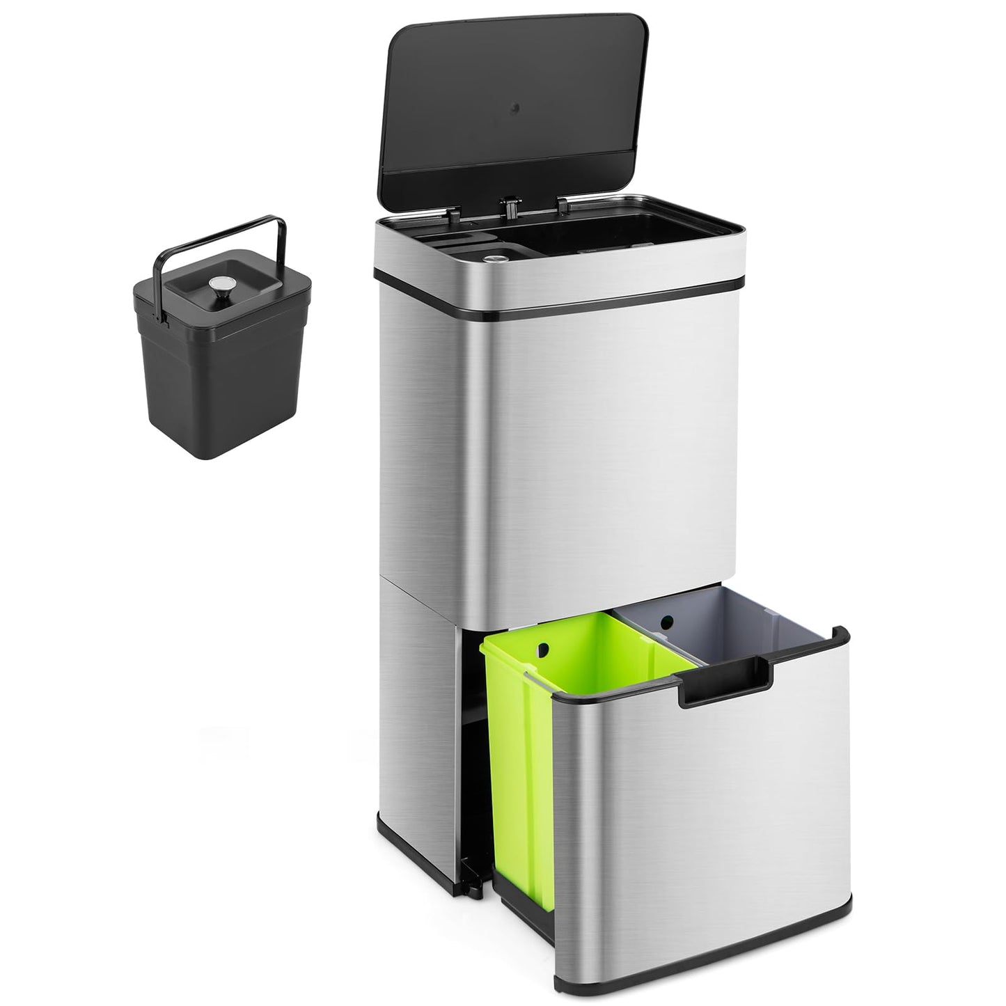 DORTALA 19 Gal Kitchen Trash Can, Infrared Motion Sensor Garbage Can with 2 Recycling Dustbin, Removable Inner Buckets, Stainless Steel Frame, Trash Bin with Soft-Closing Lid, Battery Operated