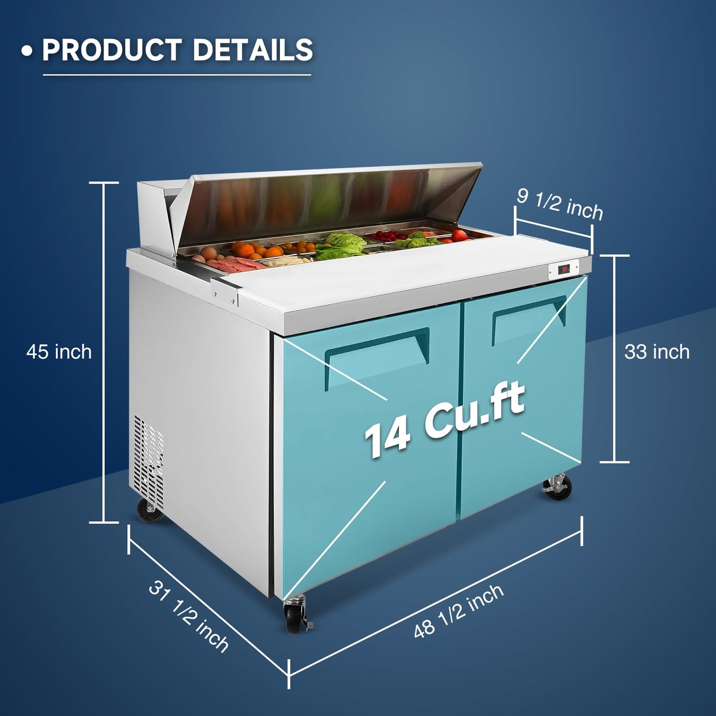 48"W Commercial Sandwich Prep Table Refrigerator - Stainless Steel Door with 12 Pans, 14 Cu.Ft Capacity, Auto Defrost, Digital Temperature Control for Restaurants, Delis, Catering & Convenience Stores