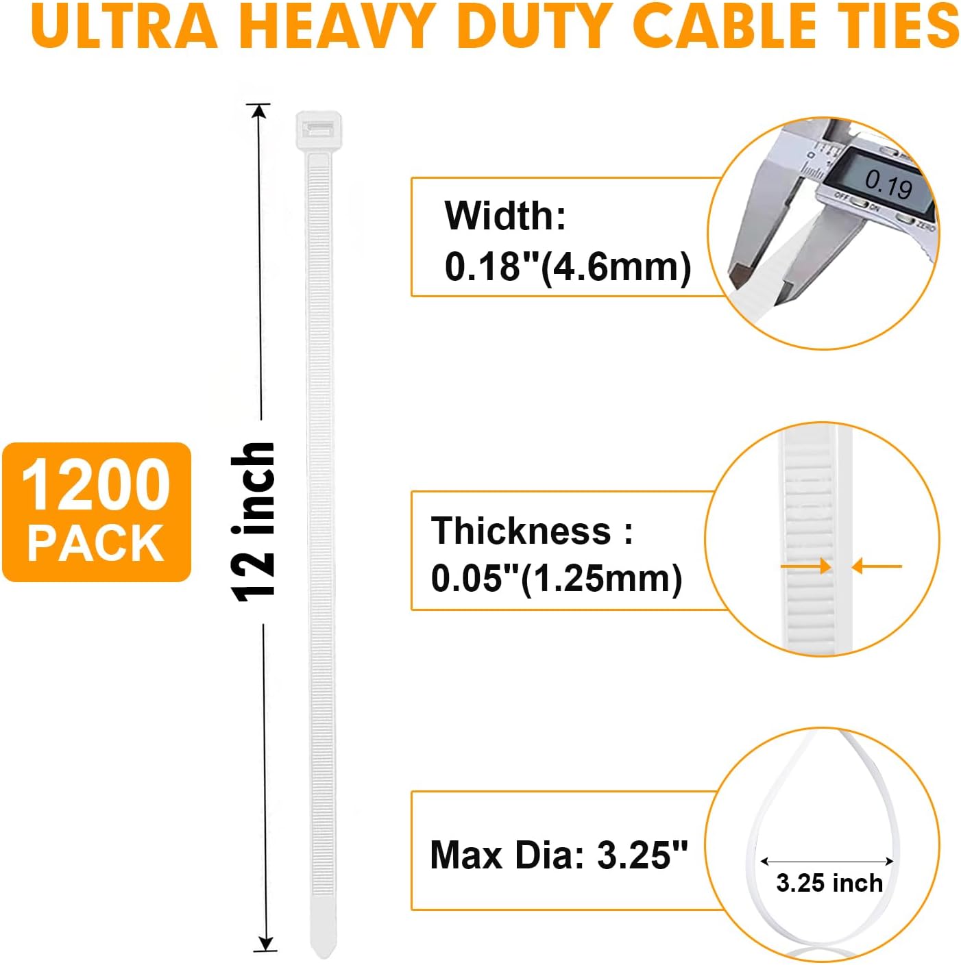 1200pcs 12 Inch, 50lb Zip Ties, RAZCC Cable Zip Ties Heavy Duty White Plastic Wire Ties with Tensile Strength