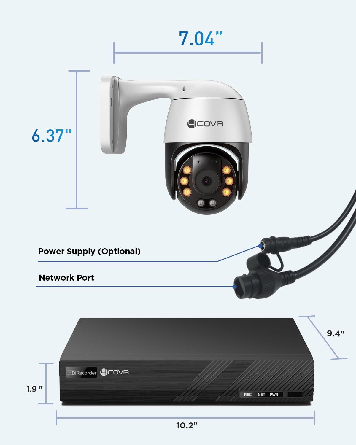 4COVR PoE PTZ Security Camera System, 350ｰ Pan 90ｰ Tilt 3X Digital Zoom, 4X 5MP PoE IP Camera, 8CH 4K NVR & 2TB HDD, AI Human Vehicle Detection, Smart Color Night Vision, Two Way Audio, LYM2XP5M0804