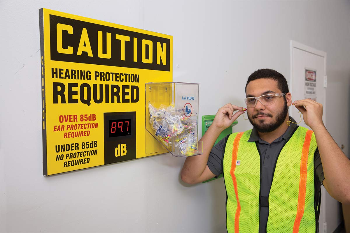 AccuformNMC 20" x 24" Sound Decibel Meter Sign with Earplug Dispenser, OSHA Caution Header "Hearing Protection Required" Sign, Wall Mount, Digital Aluminum DB Meter, Made in the USA, SCS607