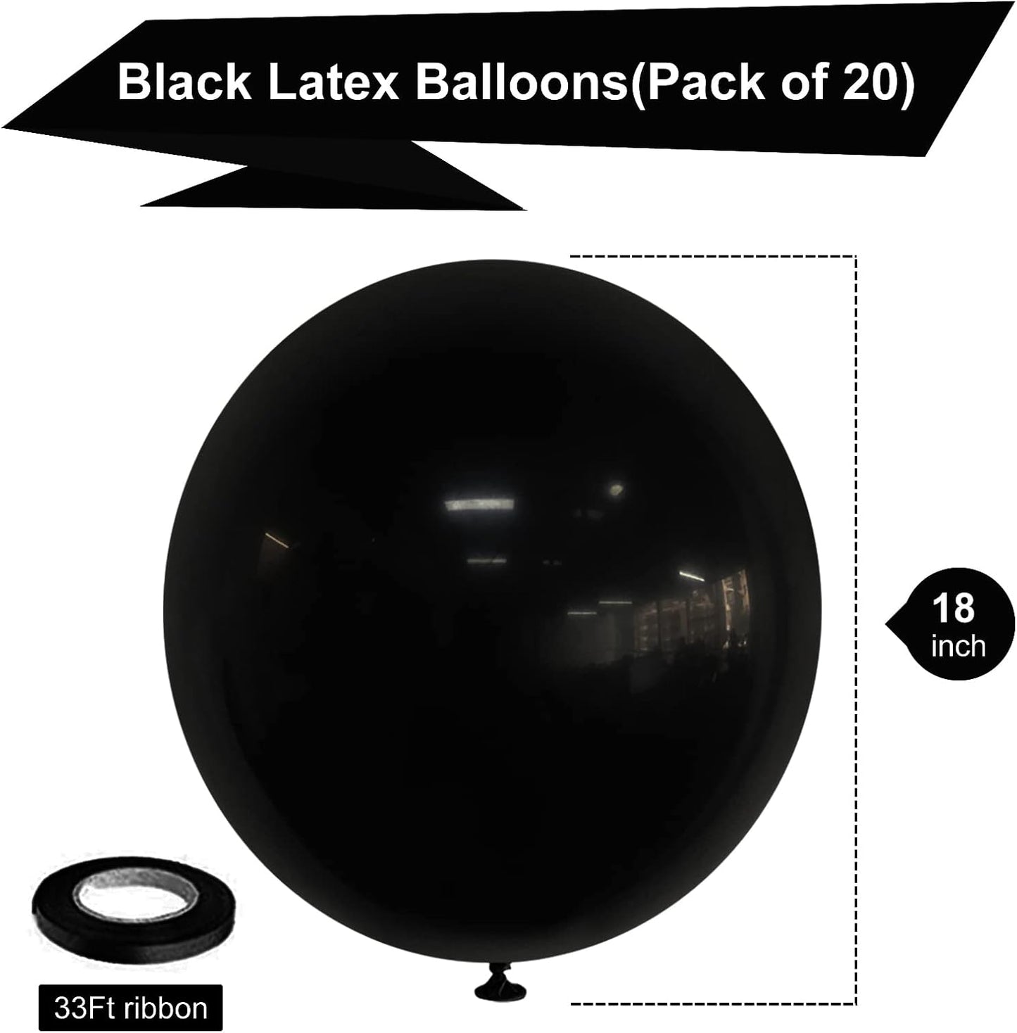 Skiennix 18-Inch Black Latex Balloons - 20 Pack of Thick, Large Round Helium Balloons for Parties & Events