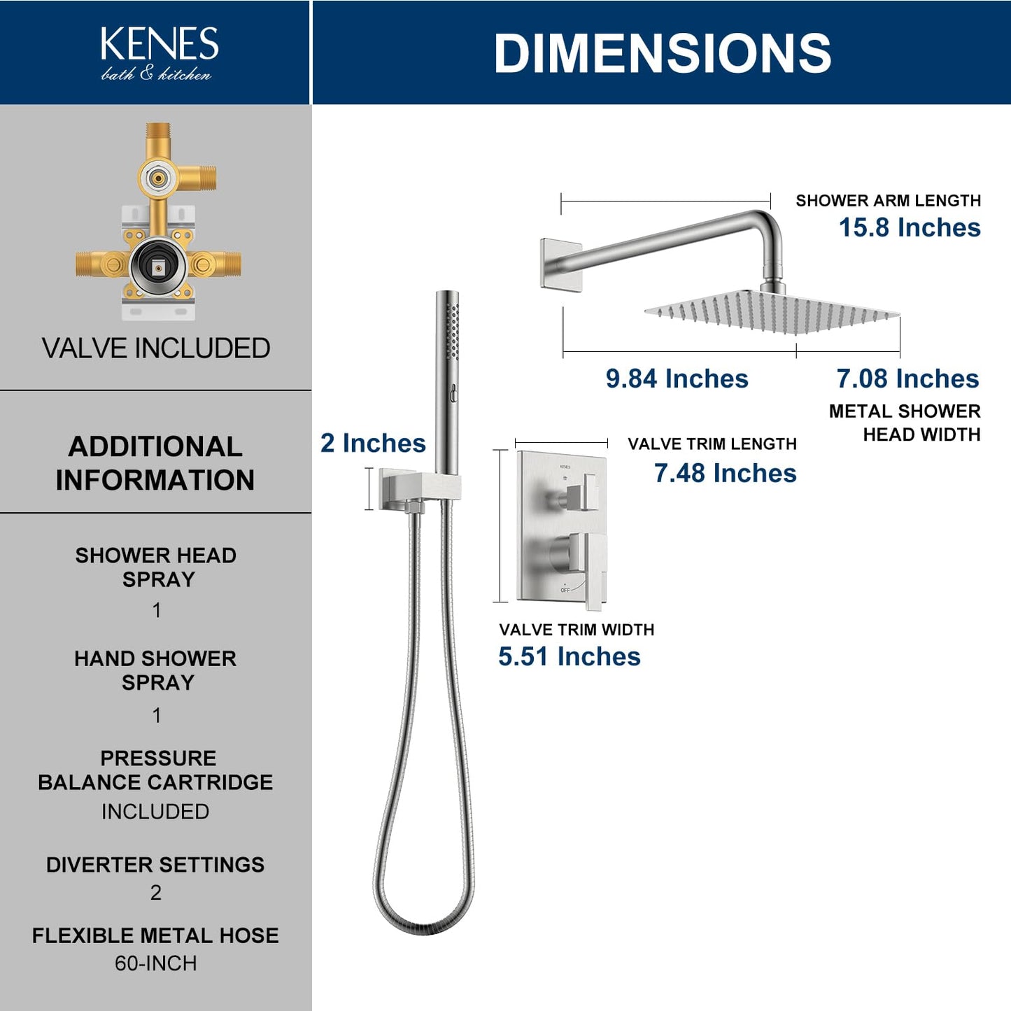 KENES Square Rainfall Shower System Faucet Set, Brushed Nickel Rain Shower Head and Handle Set, 10 Inch Stainless Shower Head with Handheld Spray (Shower Valve Included), LJ-6026A