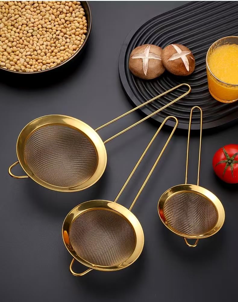 Aunewmei Three-piece Suit Baking SiftersWire ExtraMesh Strainer with Handle Oversized Extended Handle Stainless Steel Sieve Fine Mesh Strainers for Kitchen Rice Juice Quinoa Food Flour Baking(Golden)