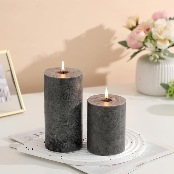 3x6 inch Grey Pillar Candles Set of 3, Unscented Pillar Candle, Dripless and Smokeless Large Candles, Candle for Home Decor, Dinner Table,Weddings, Holidays