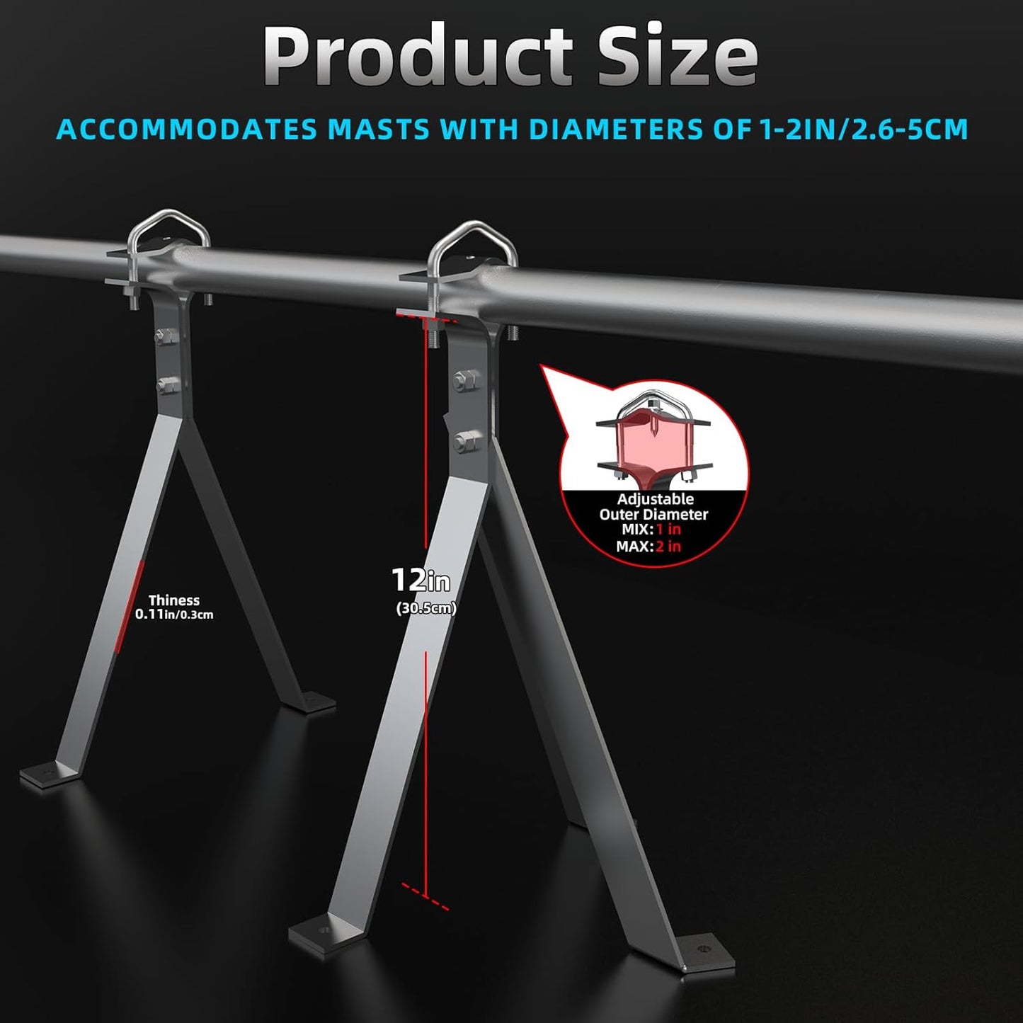 12" 2 Heavy-Duty Antenna Mount Bracket, Adjustable Antenna Mast Mount, Waterproof Wall Mount Pair for TV Antenna Mast
