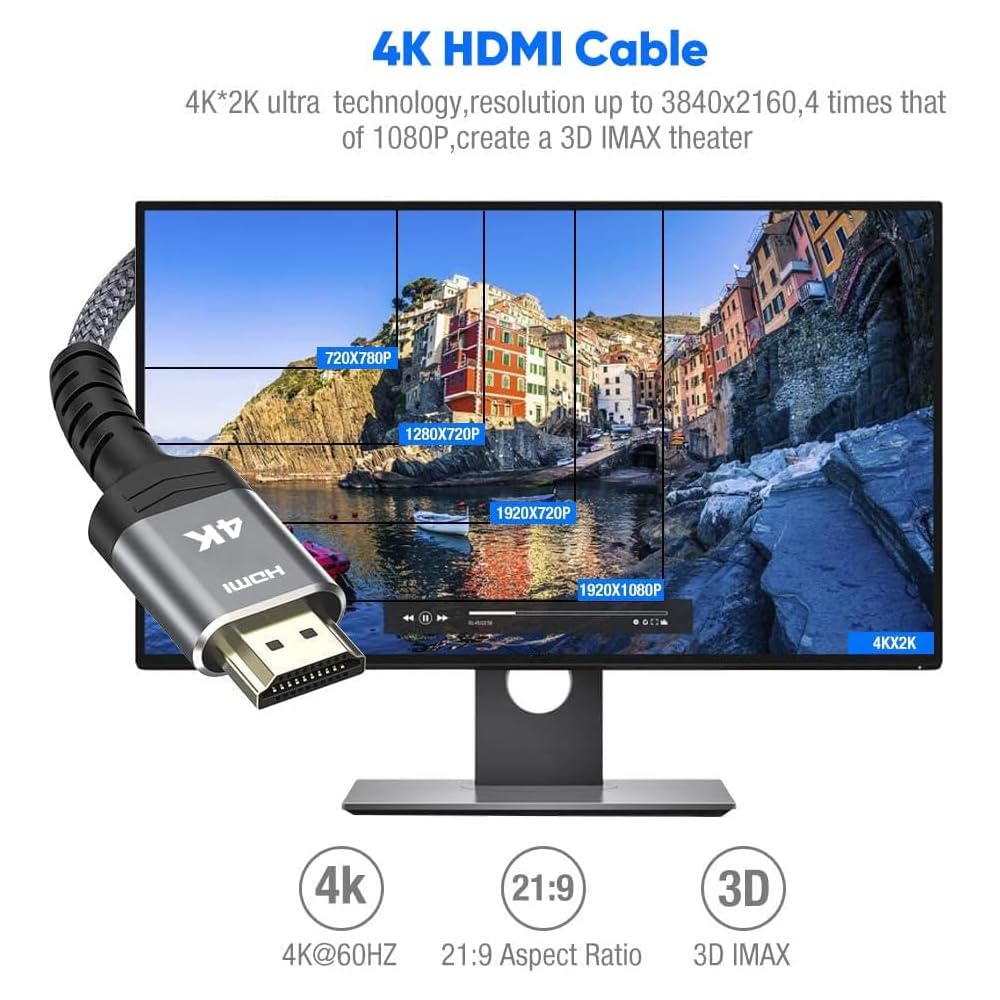 25 18Gbps 2.0 4K HDR10, 2.2, TV/HDTV/PS5/Blu-ray Highwings High-Speed FT HDMI Cable, Braided HDMI Cord, HDR, HDCP ARC