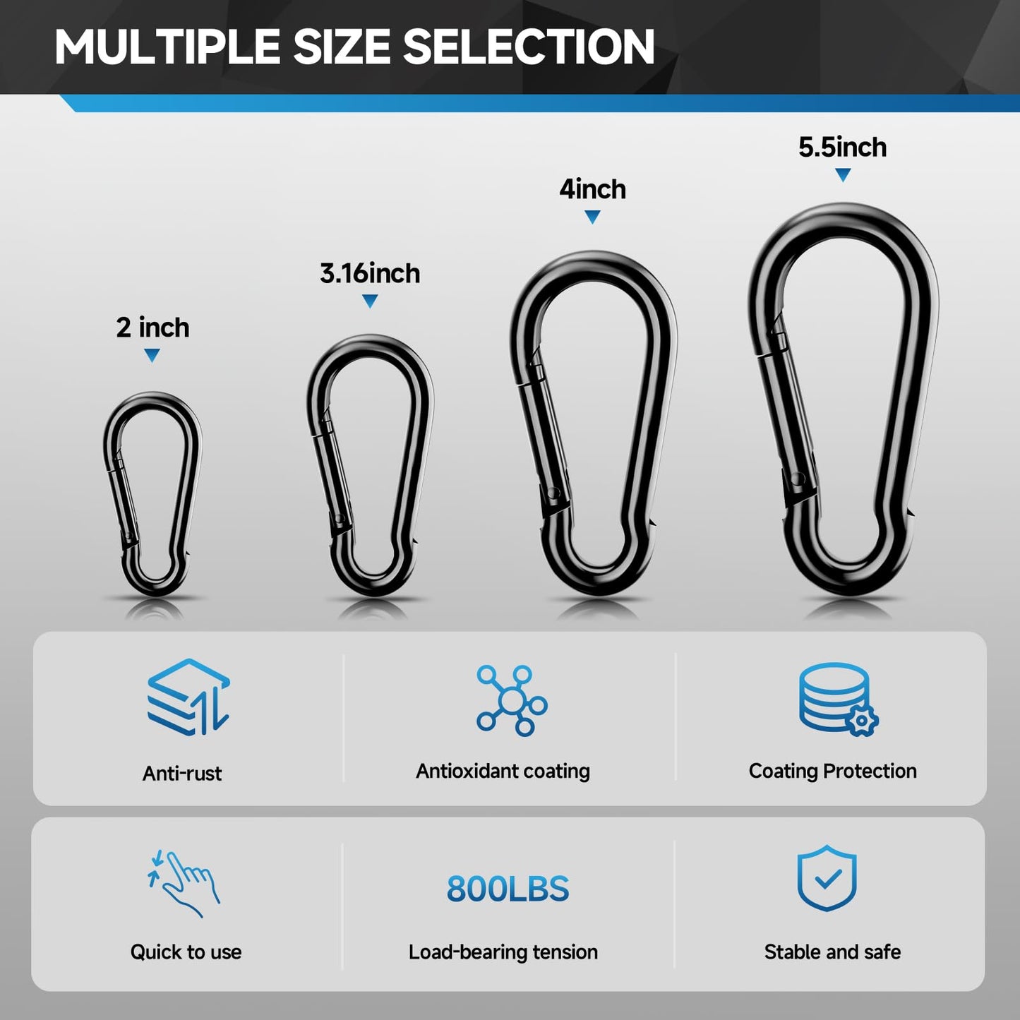4Pcs Spring Snap Hooks, 4” Carabiner Clip, 800lbs Heavy Duty Rope Connector, Large Carabiners for Indoor & Outdoor, Hammock, Swing, Camping, Fishing, Hiking