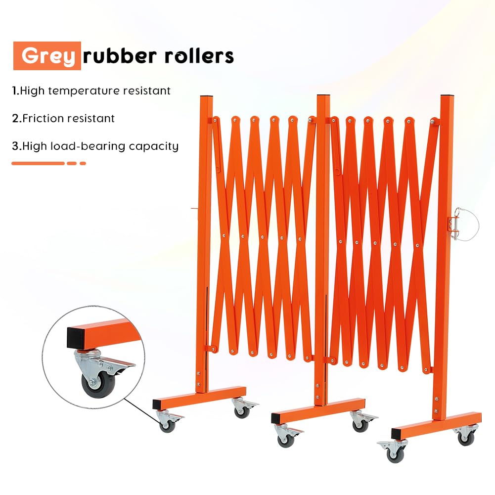 GYMTIME Expandable Metal Barricade, Portable Safety Barrier with Casters, Flexible Mobile Security Gate, Adjustable Traffic Fence for Shopping Mall, School, Warehouse, Orange, 16 Feet