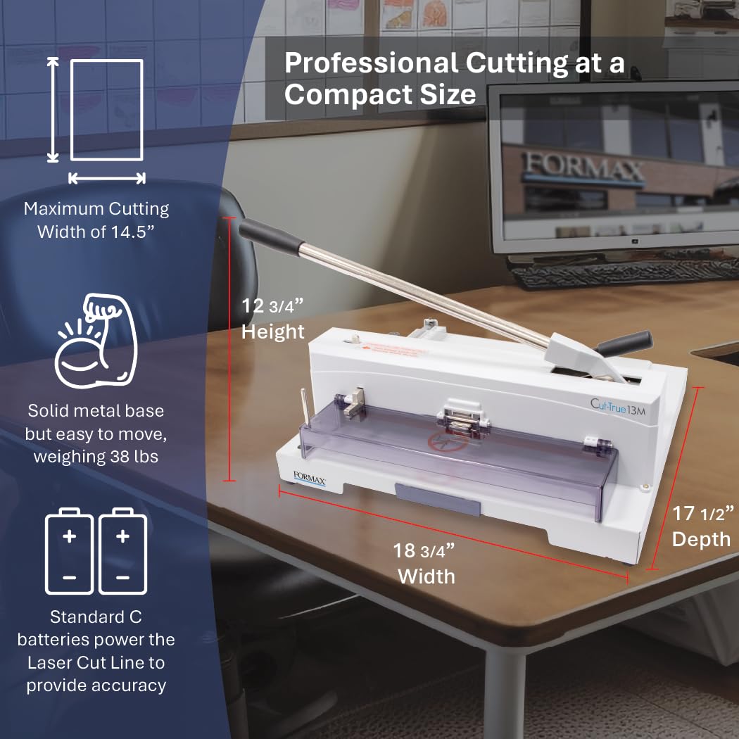 FORMAX Cut-True 13M Tabletop Manual Guillotine Cutter, Manual lever handle, 14.5” Maximum Cutting Width, 5/8” Maximum Paper Stack Height, 1.58” Narrow Cut, LED Laser Cut Line, Blade Change Handles