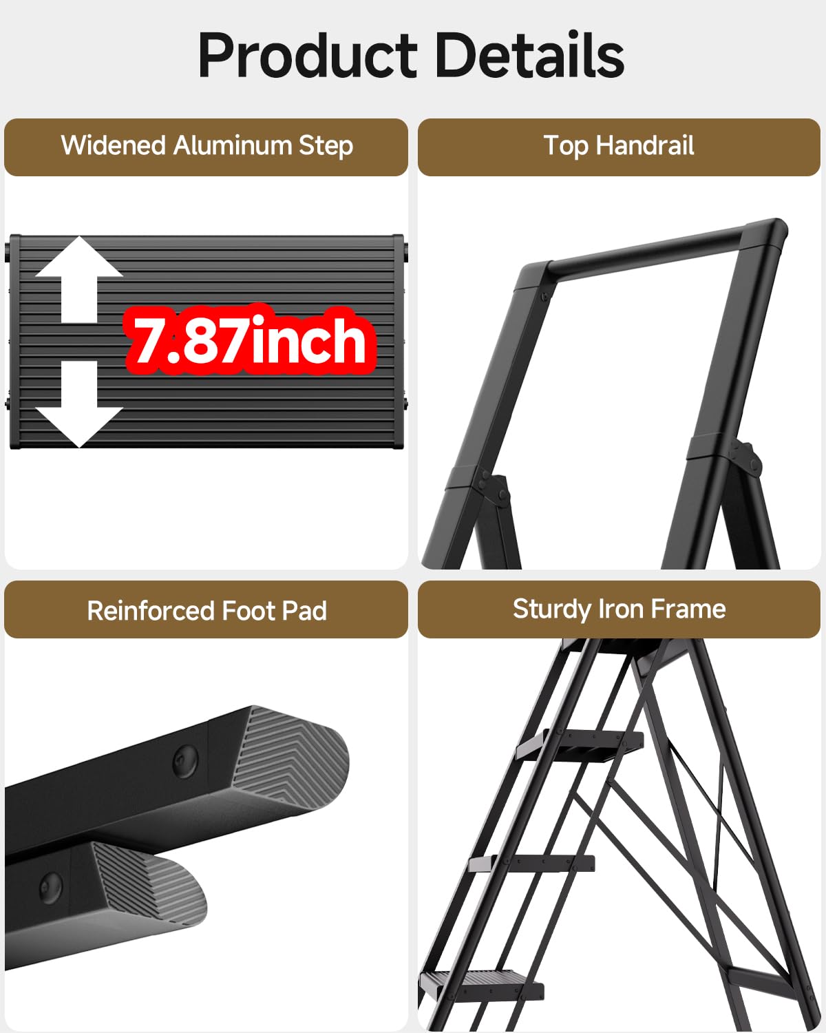 SOLADDER 6 Step Ladder with Handrails, Anti-Slip and Foldable Step Stool with Widen Pedals, Portable Stepladders for Home, Kitchen and Indoor, Space Saving -300lbs (Black)