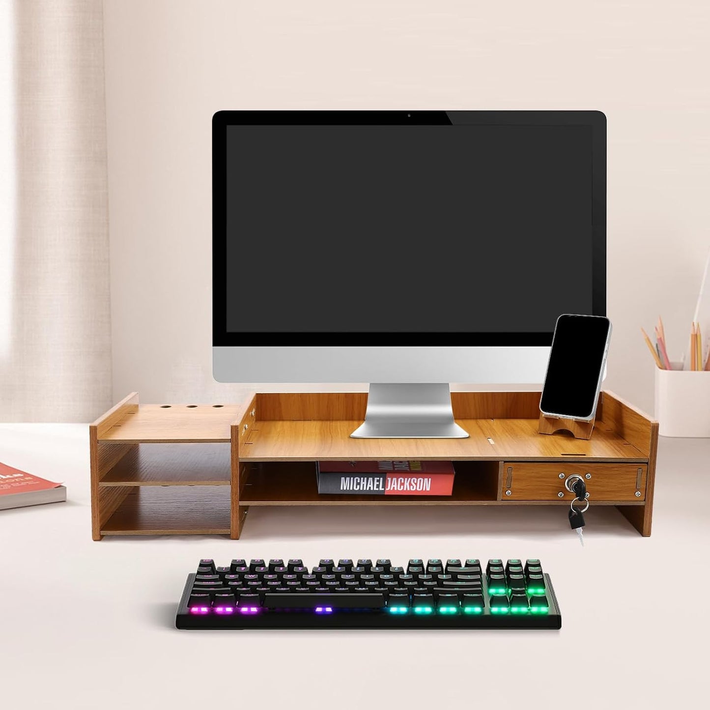 Computer Monitor Stand, Tabletop Computer Rack with Lockable Drawer, Wood Monitor Stand, Suitable for Study, Office