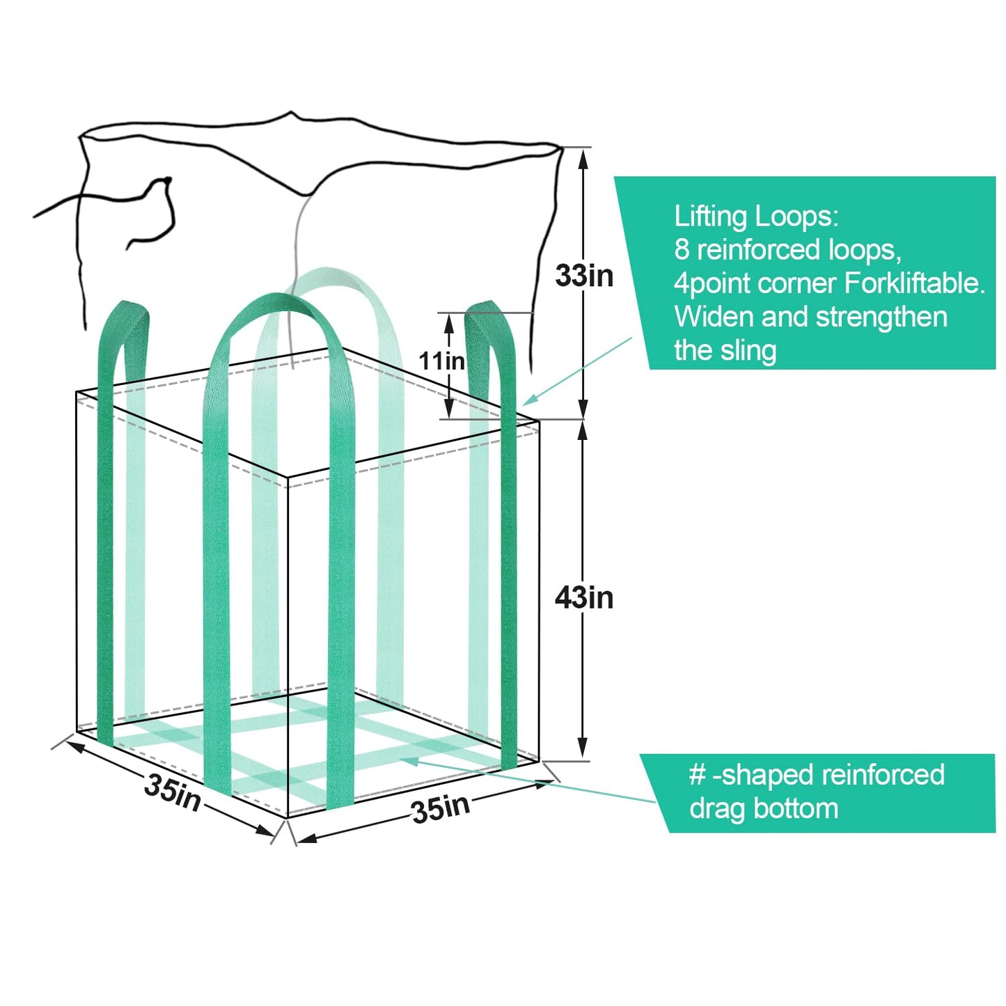 10 Pack FIBC Bulk Bag,2 Ton Bag,35"L x 35"W x 43"H,4400 lbs SWL,Duffle Top Flat Bottom,Four Loop Fibc Big Bags,Heavy Duty Bulk Bags for Industry Agriculture Construction