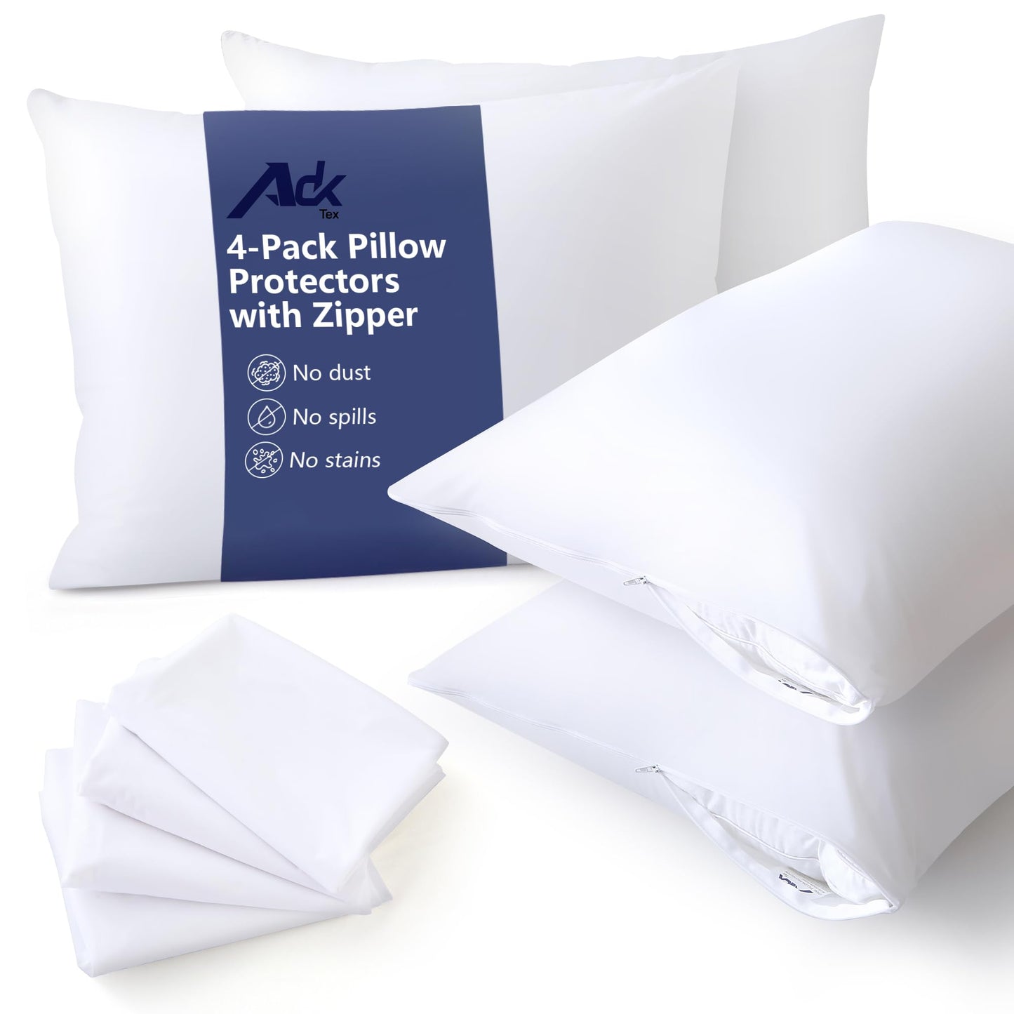 Ultra Soft 4 Pack Pillow Protectors with Zipper Standard Size Breathable Standard Pillow Covers, 100% Safety Against Stains, Dust & Dirt with Pillow Covers, Machine Washable (White 20x26 inch)