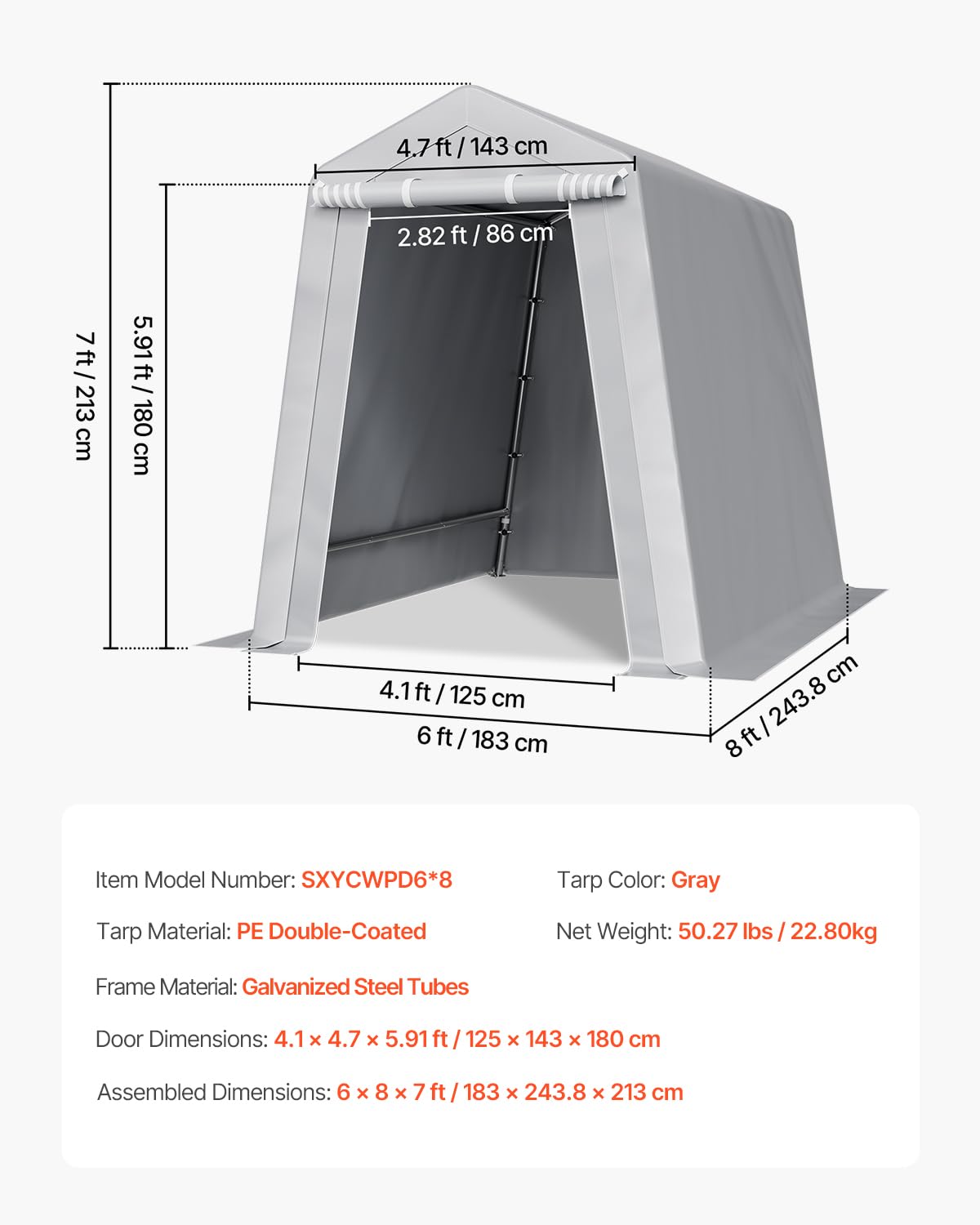 VEVOR 6x8x7 FT Heavy-Duty Portable Outdoor Storage Shed Tent, Waterproof Carport Garage Shelter with Roll-Up Zipper Door & Vents, UV-Resistant Canopy for Motorcycle, Bike, Lawn Mower, Tools, Gray