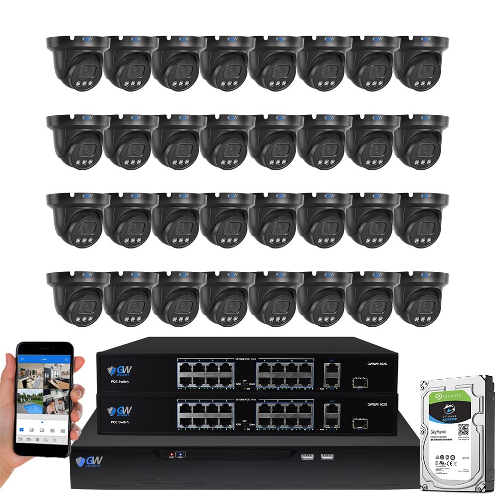 GW Security 32 Channel Commercial NVR UltraHD 4K Face Recognition NDAA & TAA Compliant Business Security Camera System with 32 x 8MP @25FPS Outdoor & Indoor PoE Turret Cameras, 10 Smart AI Functions