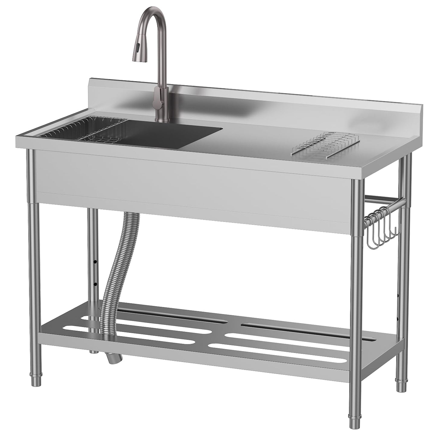 Commercial Stainless Steel Utility Sink with Drainboard, Freestanding Single Bowl Prep Sink with Work Table & Pull-Out Faucet, for Restaurant Kitchen, Garage, Outdoor