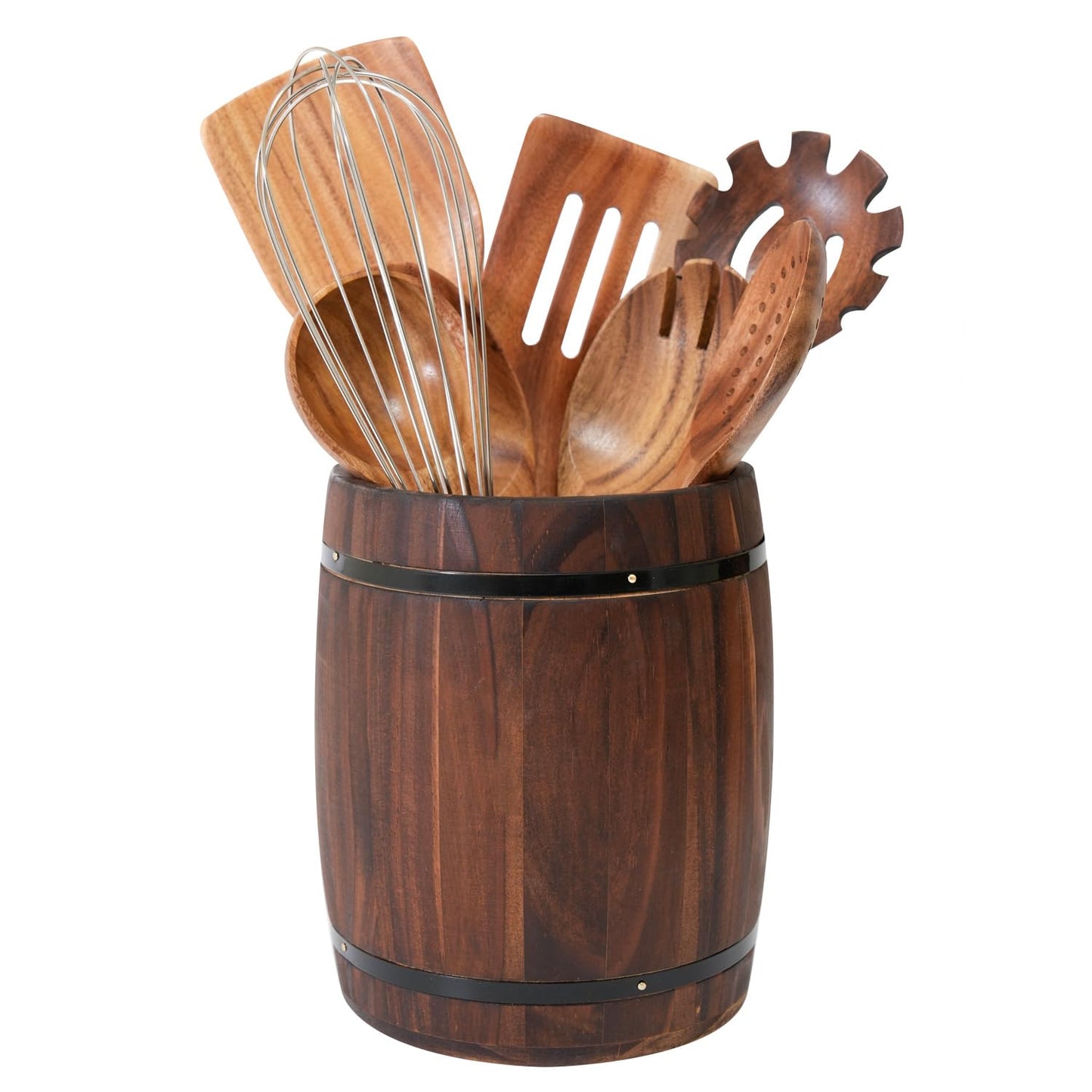 KewinSent Wooden Utensil Holder, Brown, Barrel Shape, Holds Spoons and Scoops, Wine Barrel Design, Painted, Smooth Surface, Sturdy Construction