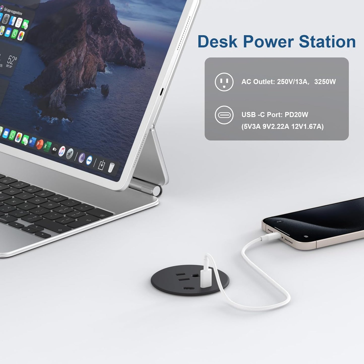Haylink Grommet, 2X 20W 6.56FT 2.36"(60mm) Desk Power Recessed Power Strip with AC Outlet & PD USB C | Cable | Cut