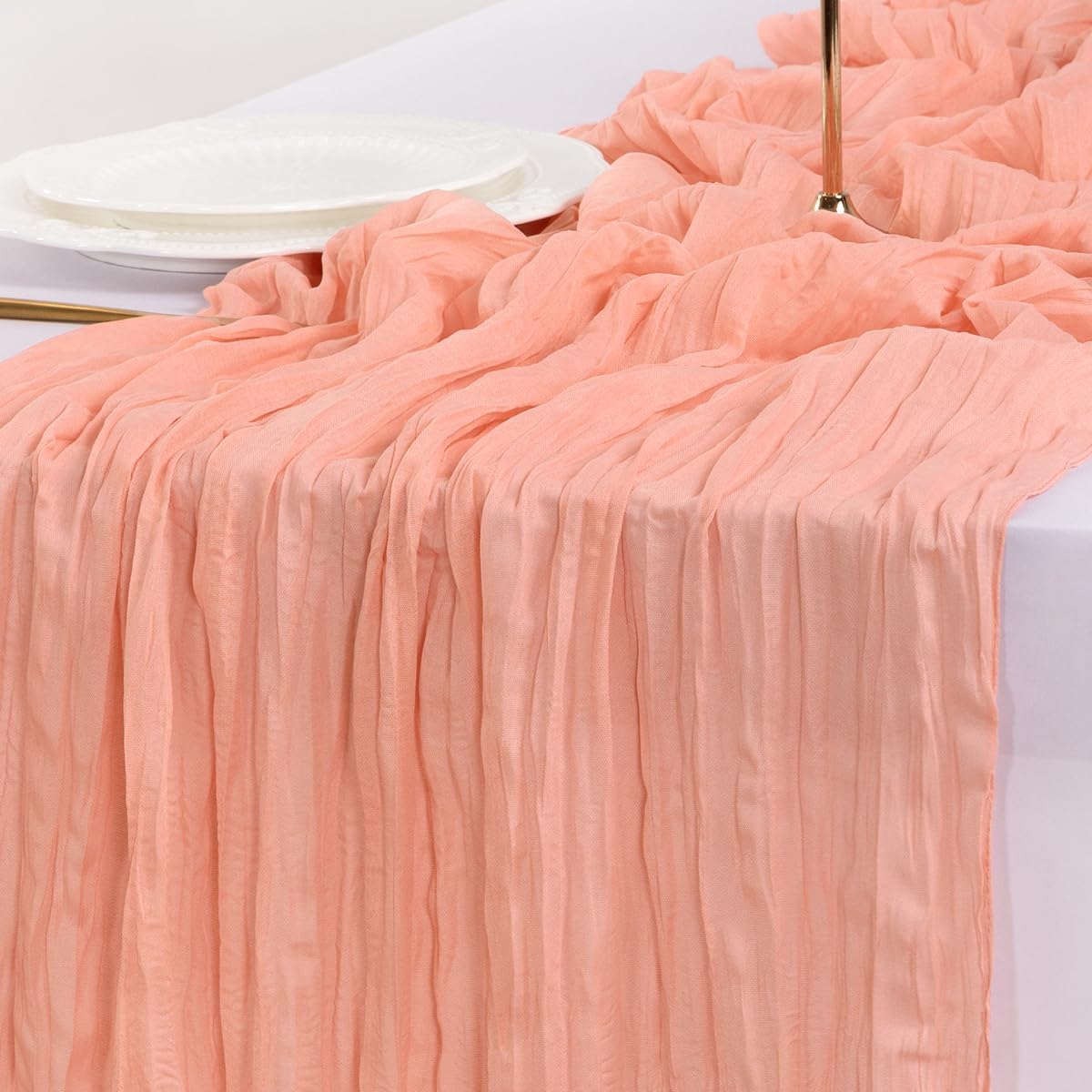 Socomi Cheesecloth Table Runner - Coral Peach Boho Style | 120-Inch for Weddings & Home Decor