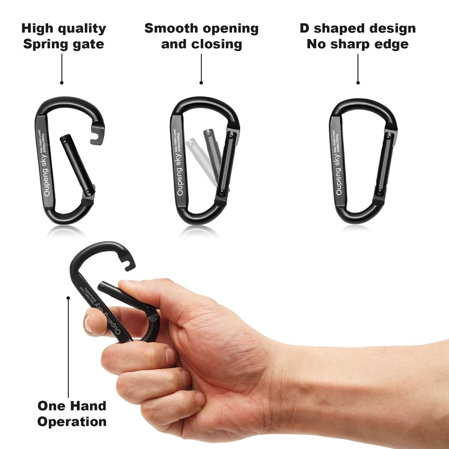 Carabiner Clip, 4 Pack, 855lbs，3" Heavy Duty Caribeaners for Hammocks, Camping Accessories, Hiking, Keychains，Outdoors and Gym etc, Small Carabiners for Dog Leash, Harness and Key Ring, Black