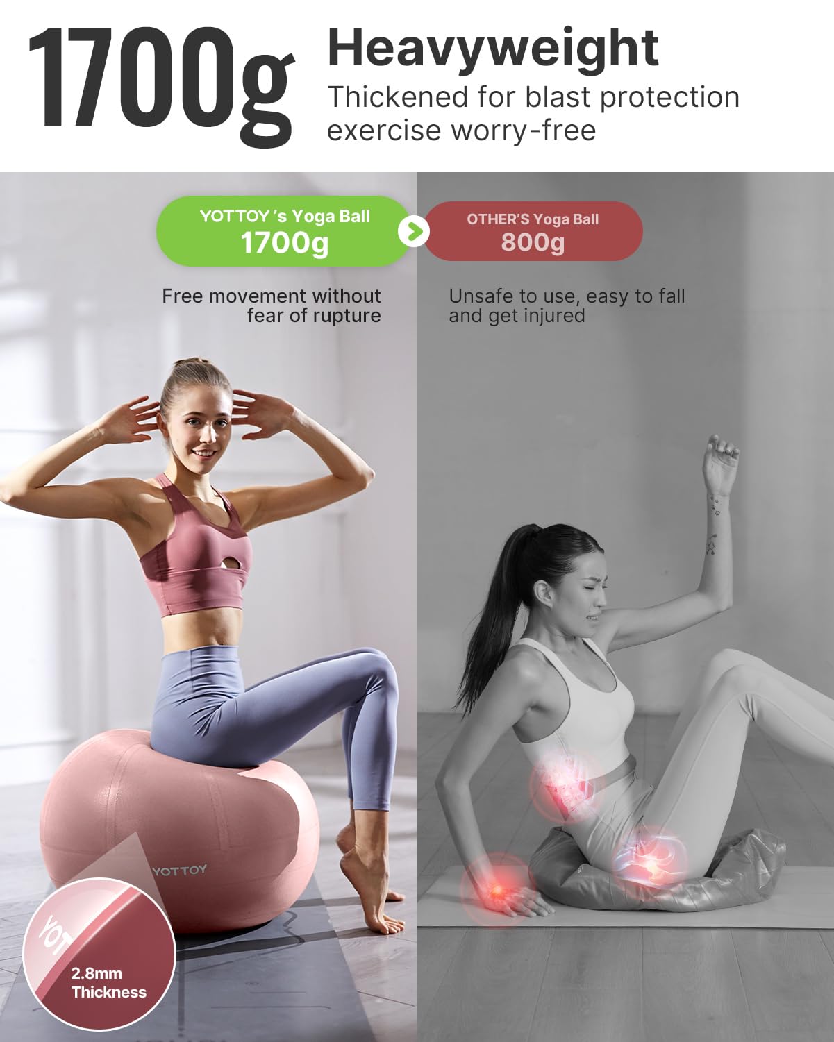 YOTTOY Exercise Ball for Pregnancy,Anti-Burst Yoga Ball for Physical Therapy,Stability Ball for Ball Chair Fitness with Pump (Pink)