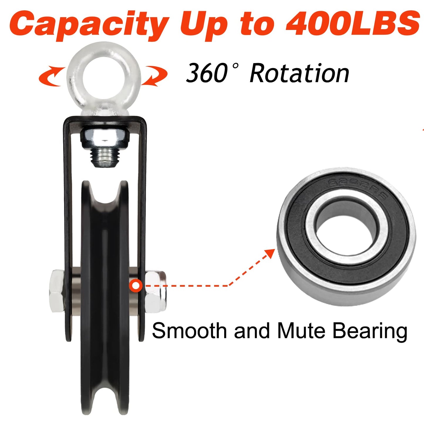 BESTEEL 4 Pack 90mm Cable Pulley Wheel Nylon Pulleys Rotation 360 Degree Traction Wheel Detachable With Strap & Carabiner,Silent Bearing for Home Weight Lifting Gym Pulley Replacement System Equipment