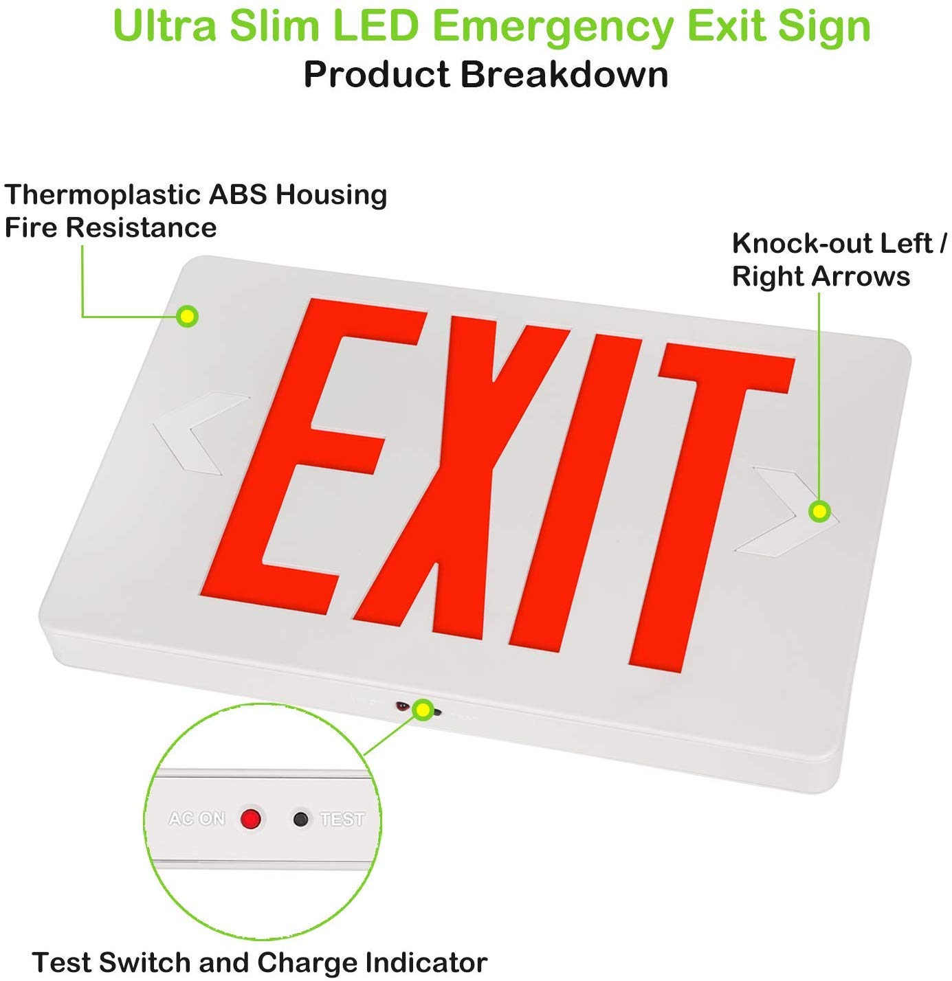 Litufine Ultra Slim LED Exit Sign, Red Letter Emergency exit Lights, 120V-277V Universal Mounting Double Face (2-Pack)