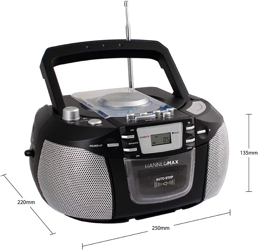 HANNLOMAX HX-301CD CD/MP3 Cassette Boombox, AM/FM Radio, Recorder, Records from CD or Radio, Headphone Jack, LCD