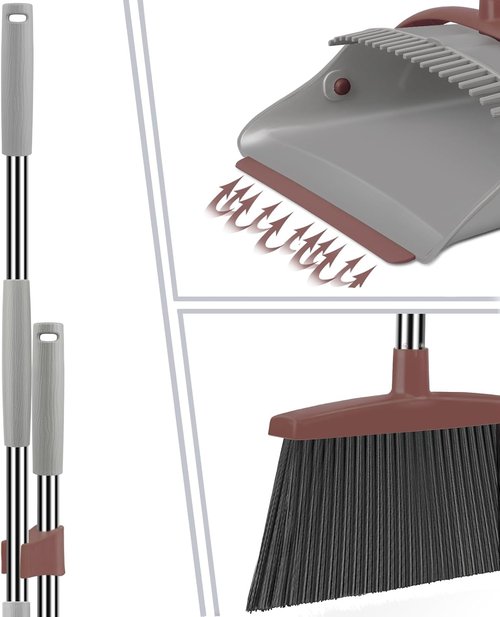 Ivandar Broom and Dustpan Combo Set - 50.6-Inch Long Handle for Effortless Floor Cleaning | Brown and Gray