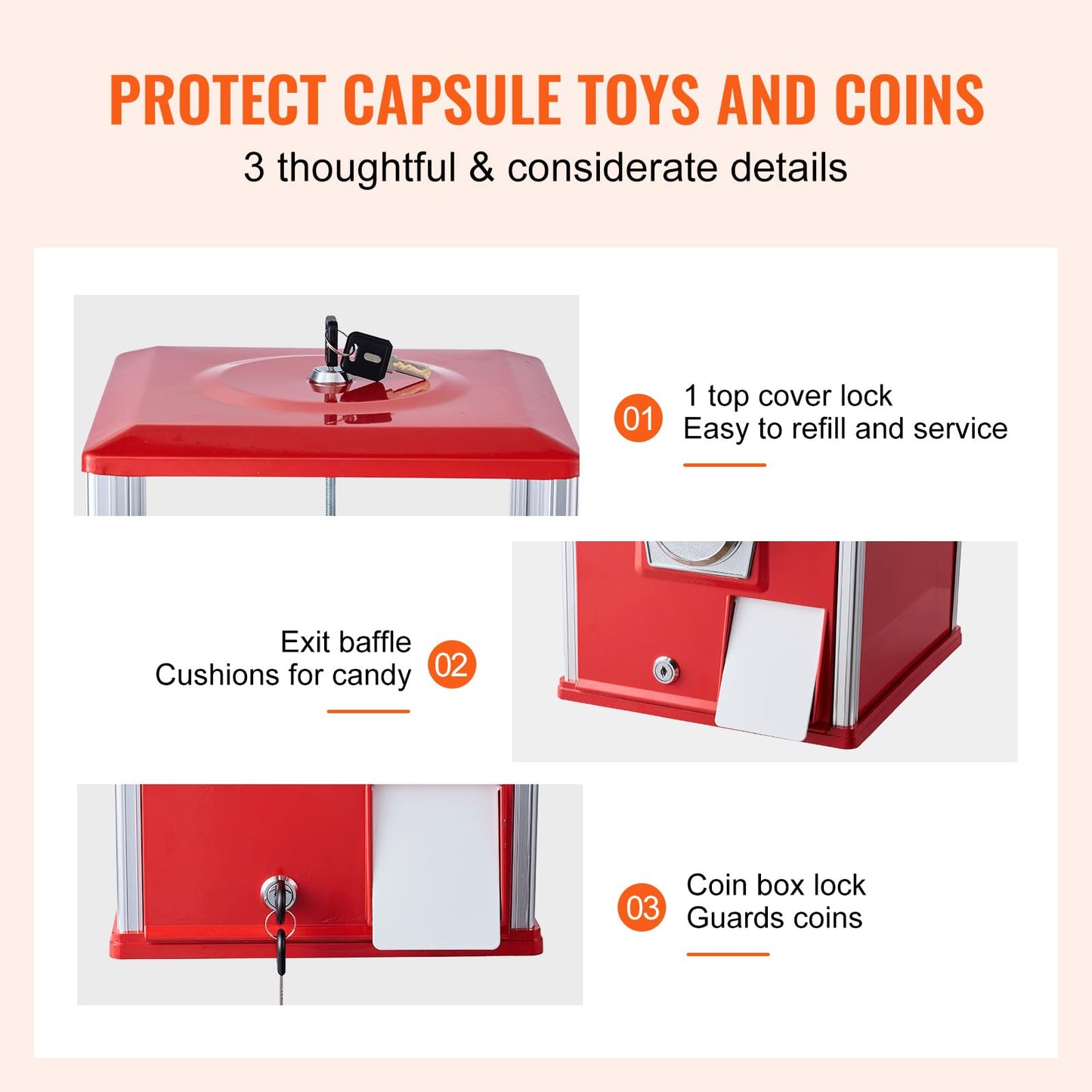 VEVOR Gumball Machine for Kids, 25" Height Home Vending Machine, PS Bouncy Balls Dispenser, Hold 230 Capsule Toys, Rectangle Bubble Gum Machine for Game Stores, Coin Operated Gumball Bank, Red