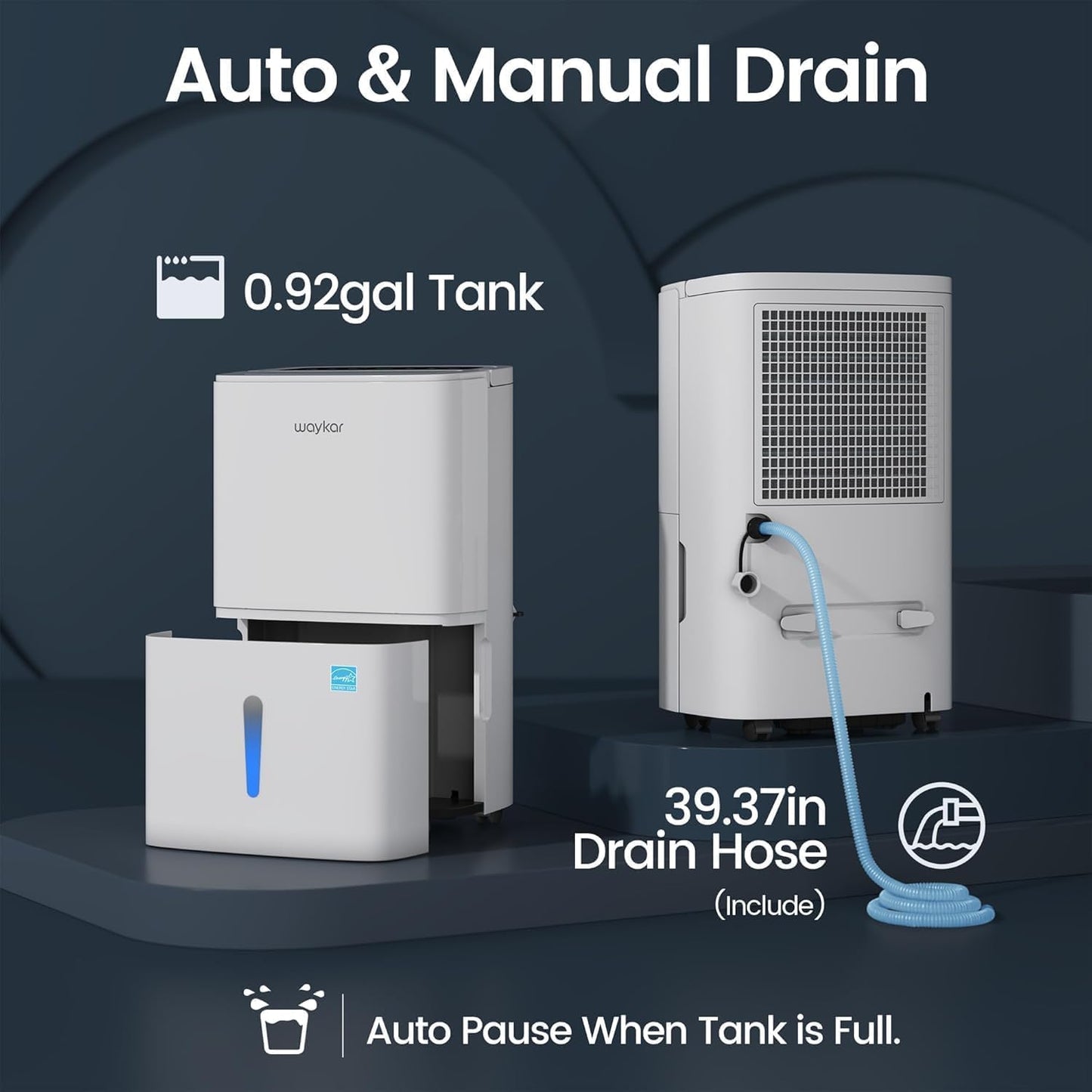 Waykar 6,500 Sq. Ft. 120 Pints 2025 Energy Star Dehumidifier for Home and Basement with Auto or Manual Drainage, Portable, Auto Defrost and Self-Drying, Ideal for Large Rooms