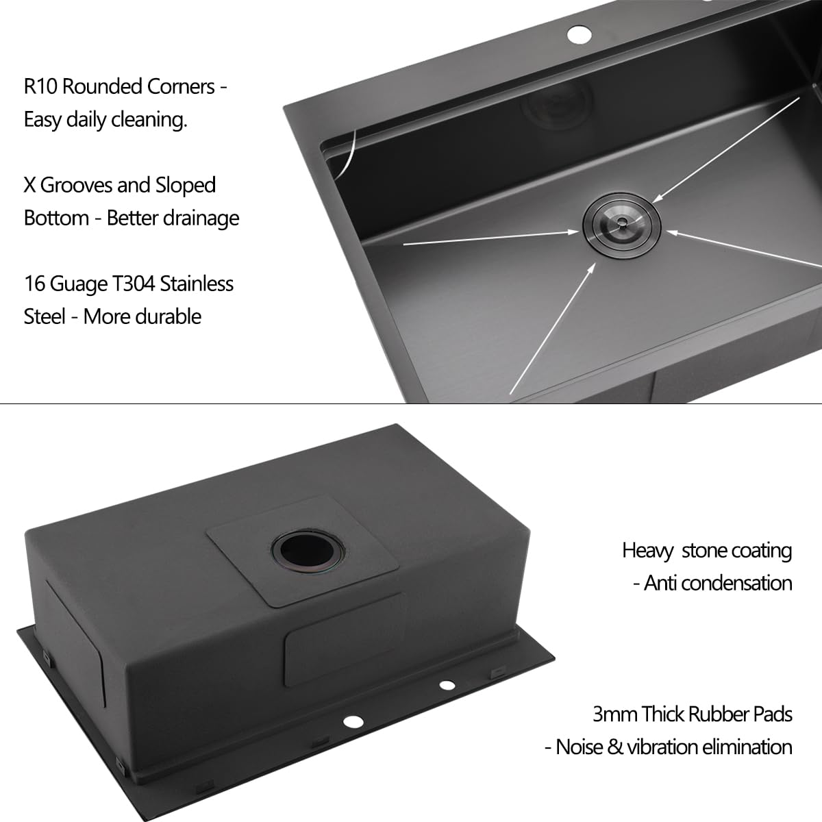 33 Drop In Black Workstation Kitchen Sink, Luckyhorse 33x22 Inches 16 Gauge Nano Black Stainless Steel Sink Topmount Workstation Single Bowl Kitchen Sink LH007SB