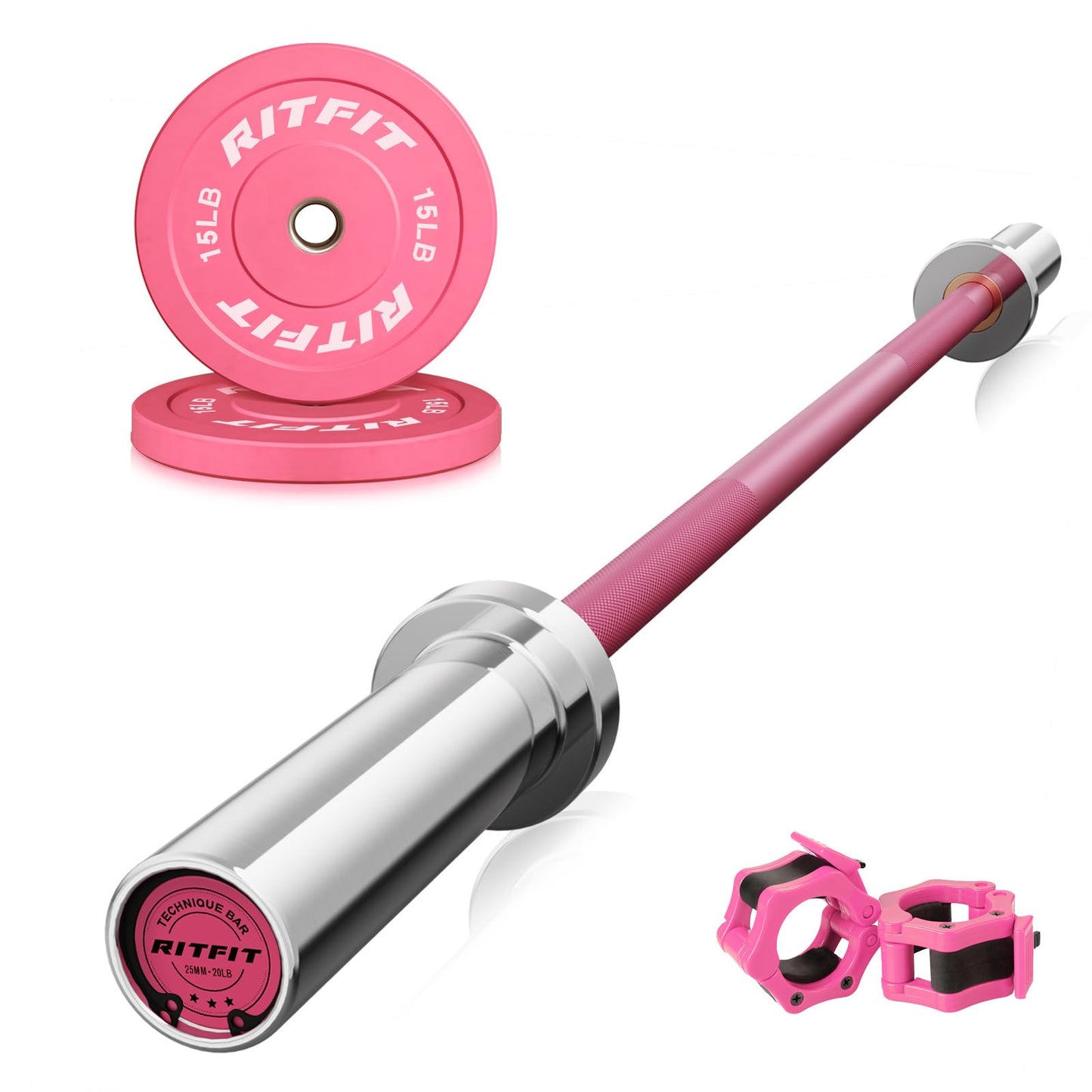 RitFit Barbell Weight Set - 4/6FT Olympic Barbell with Weight Plates (55-115LB Total) - Weightlifting Equipment for Squats, Curls, Deadlifts, Presses, Hip Thrusts 4FT Pink Bar with 30LB Pink Plates